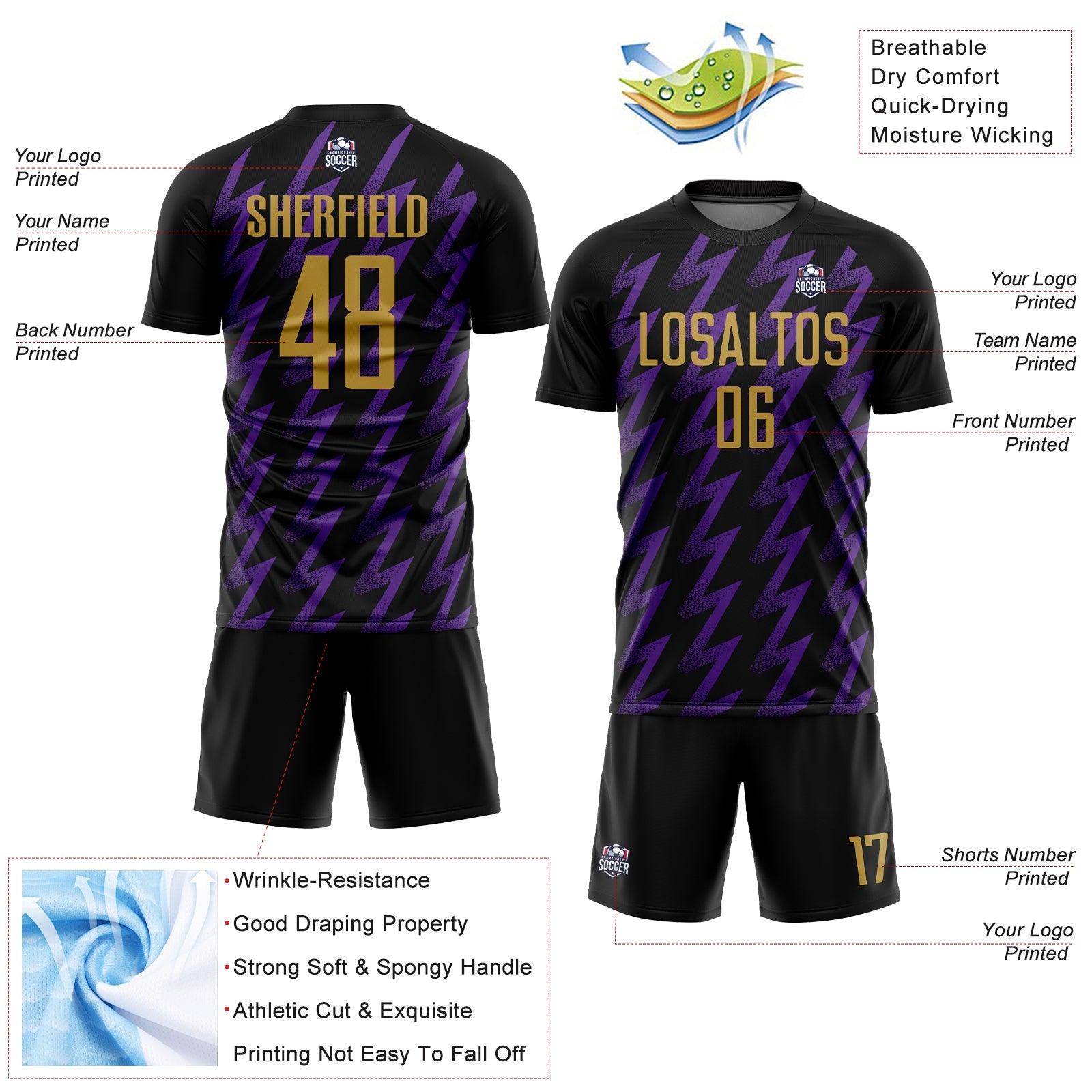 Custom Black Old Gold-Purple Zigzag Shape Sublimation Soccer Uniform Jersey