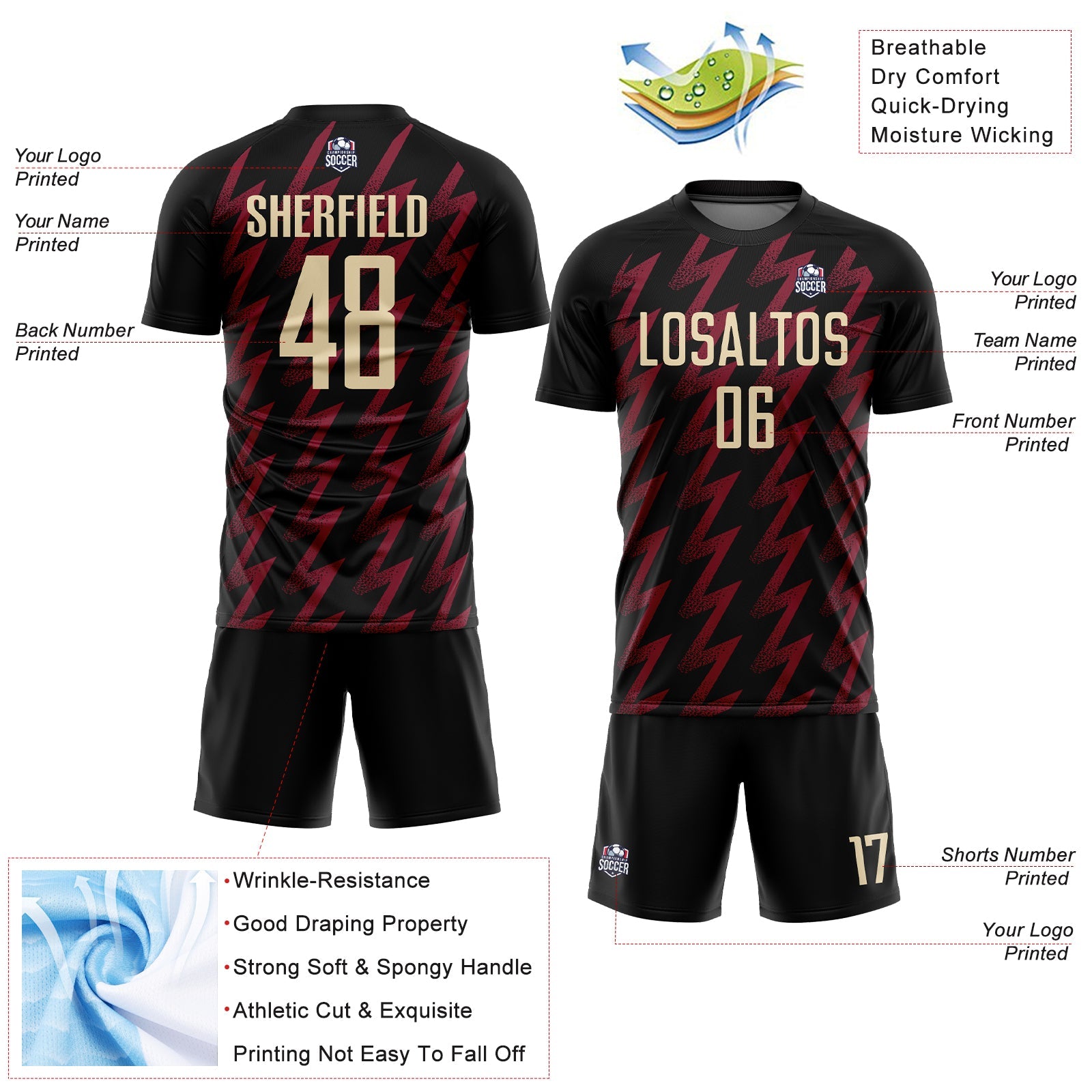 Custom Black Cream-Crimson Zigzag Shape Sublimation Soccer Uniform Jersey