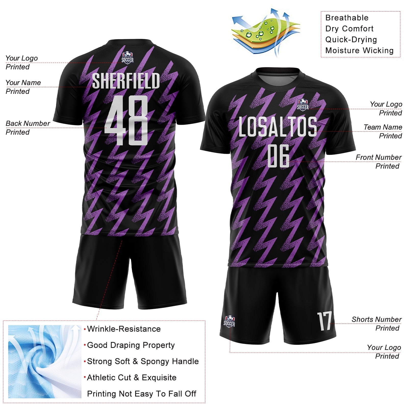 Custom Black White-Medium Purple Zigzag Shape Sublimation Soccer Uniform Jersey
