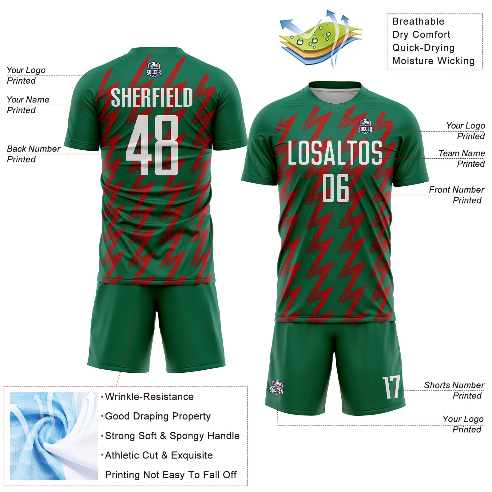 Custom Kelly Green White-Red Zigzag Shape Sublimation Soccer Uniform Jersey