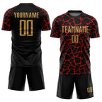 Custom Black Old Gold-Red Abstract Network Splash Sublimation Soccer Uniform Jersey