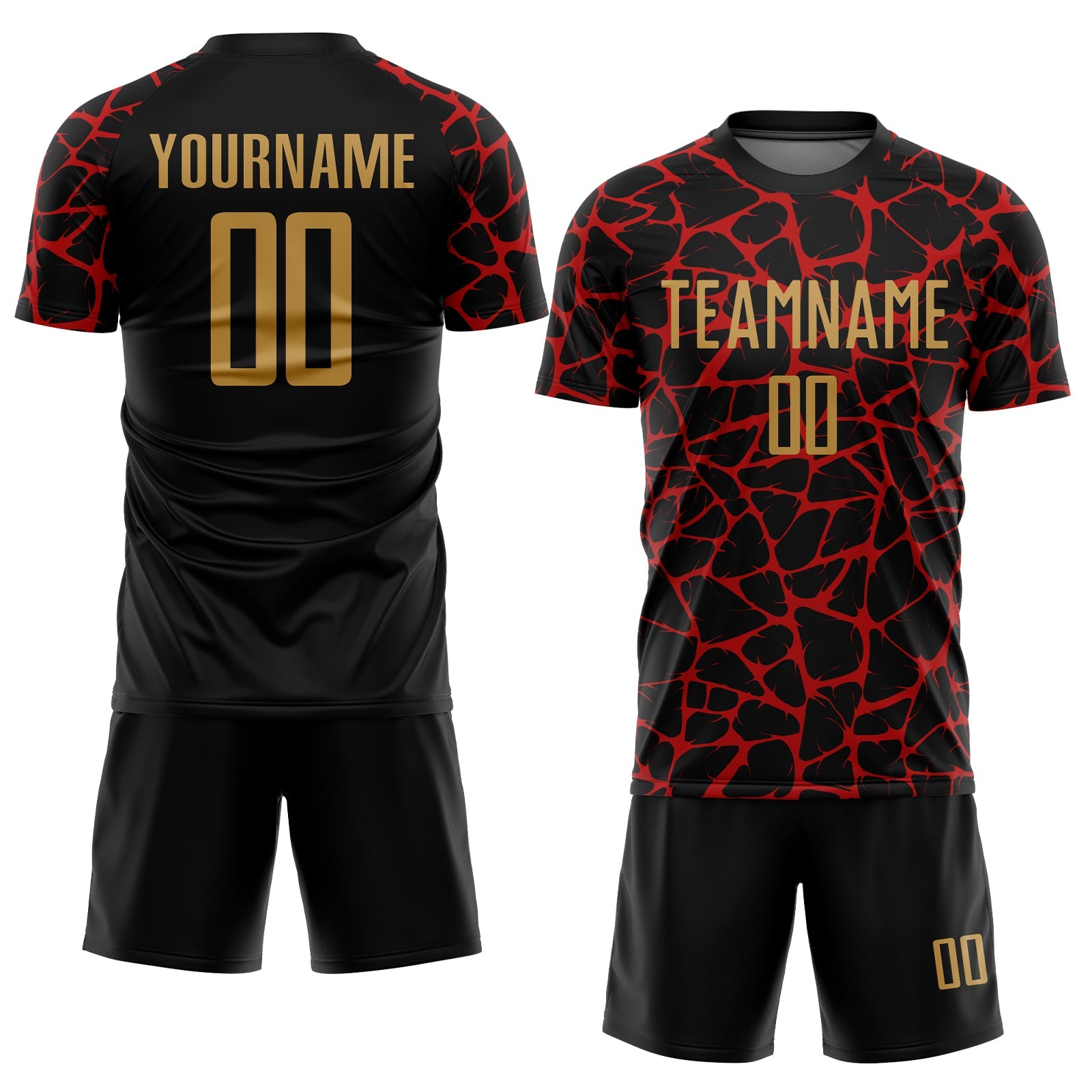 Custom Black Old Gold-Red Abstract Network Splash Sublimation Soccer Uniform Jersey
