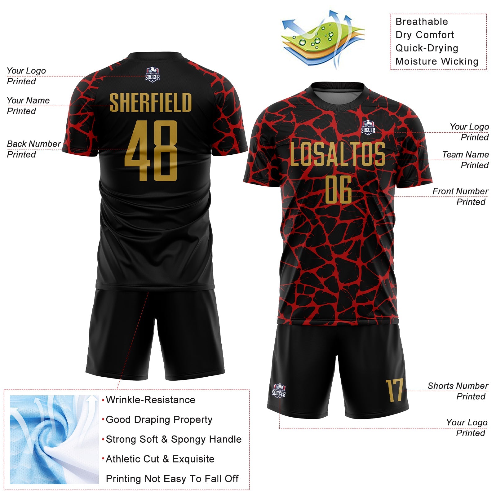 Custom Black Old Gold-Red Abstract Network Splash Sublimation Soccer Uniform Jersey