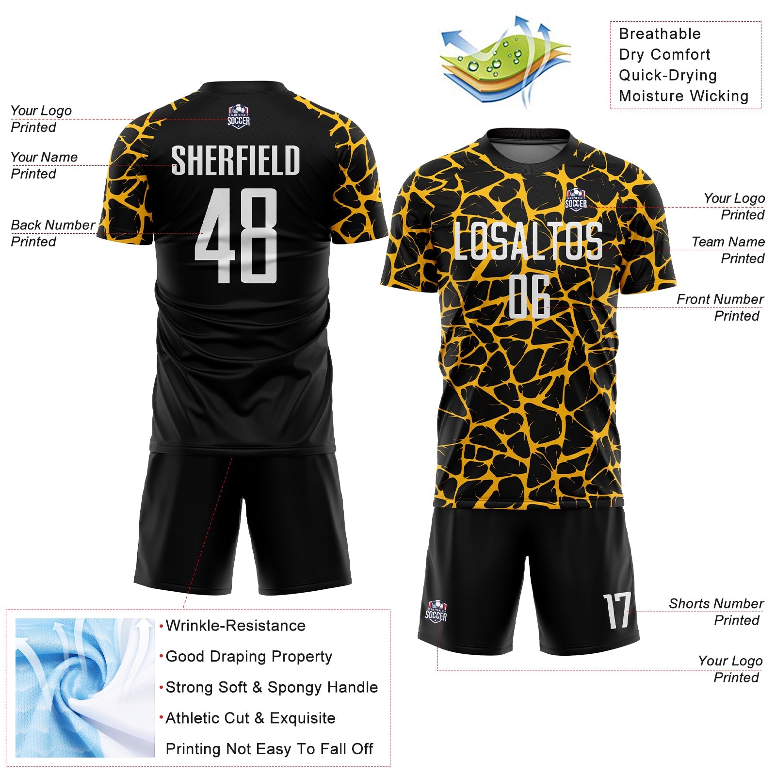Custom Black White-Gold Abstract Network Splash Sublimation Soccer Uniform Jersey