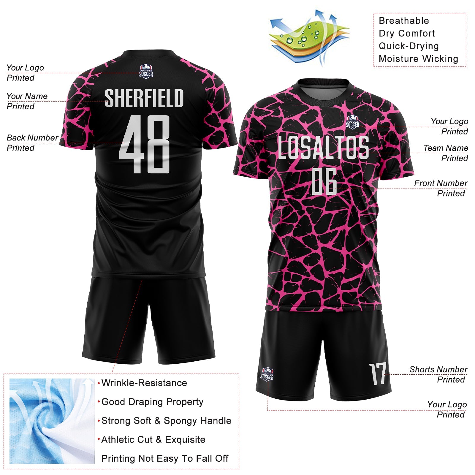 Custom Black White-Pink Abstract Network Splash Sublimation Soccer Uniform Jersey