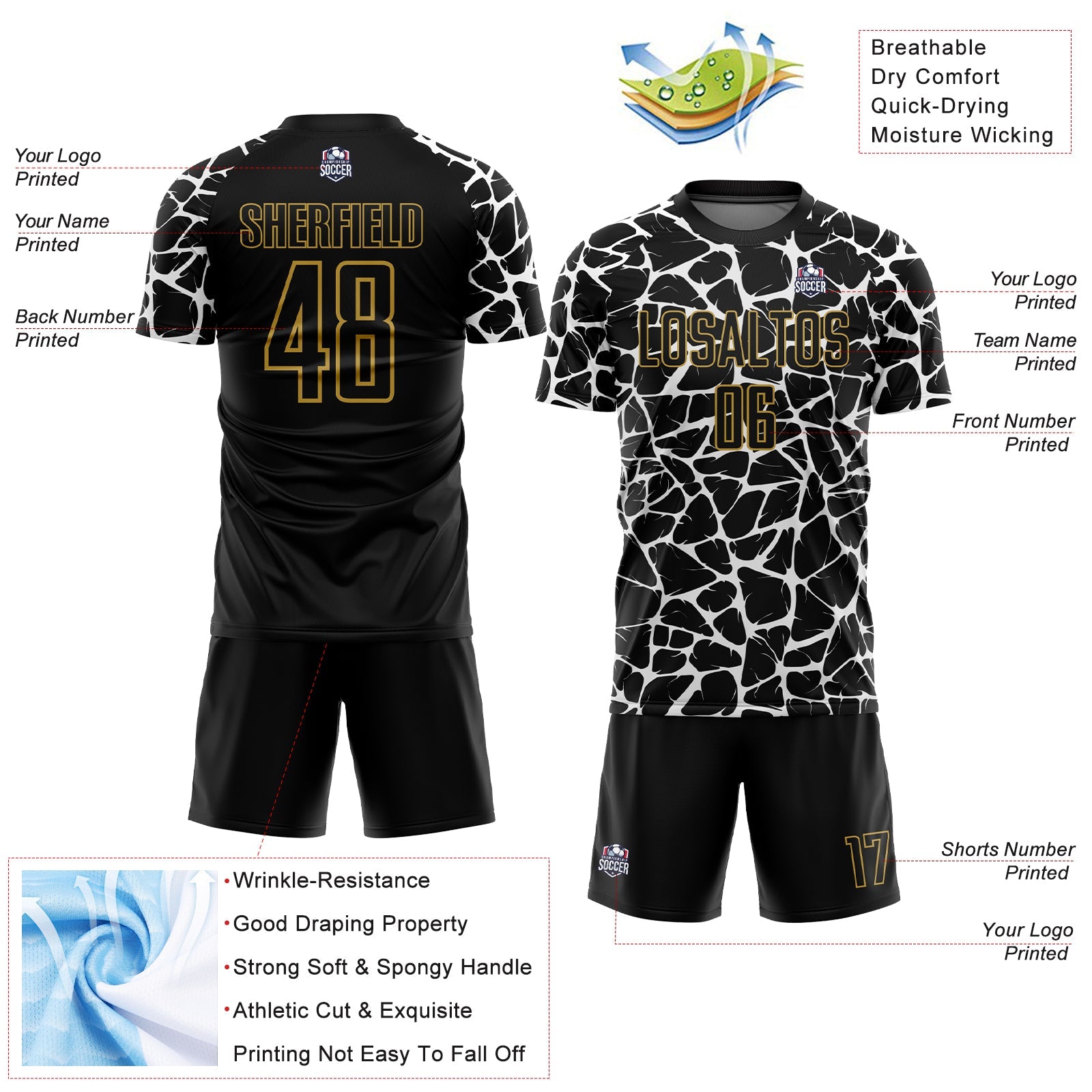 Custom Black White-Old Gold Abstract Network Splash Sublimation Soccer Uniform Jersey