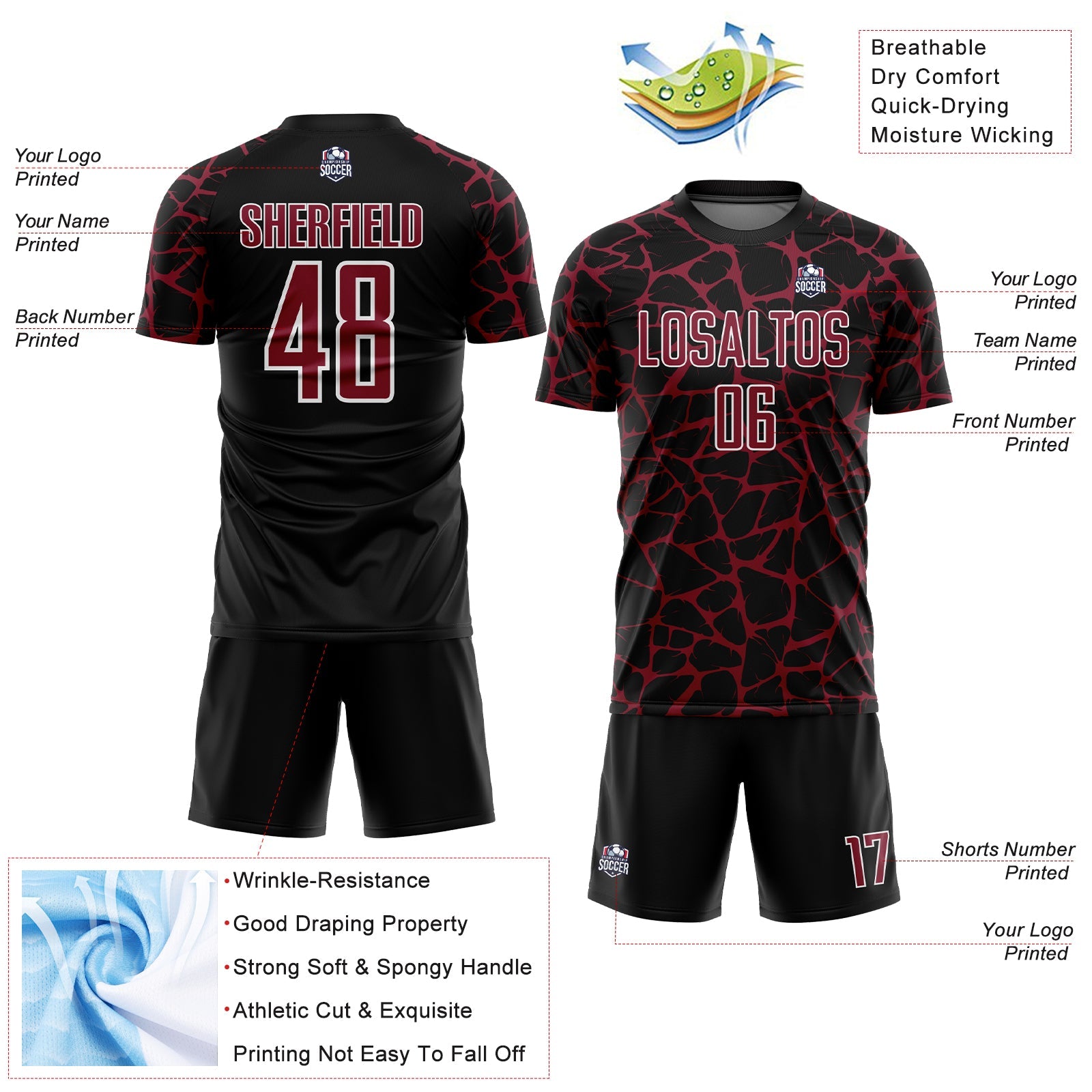 Custom Black Crimson-White Abstract Network Splash Sublimation Soccer Uniform Jersey