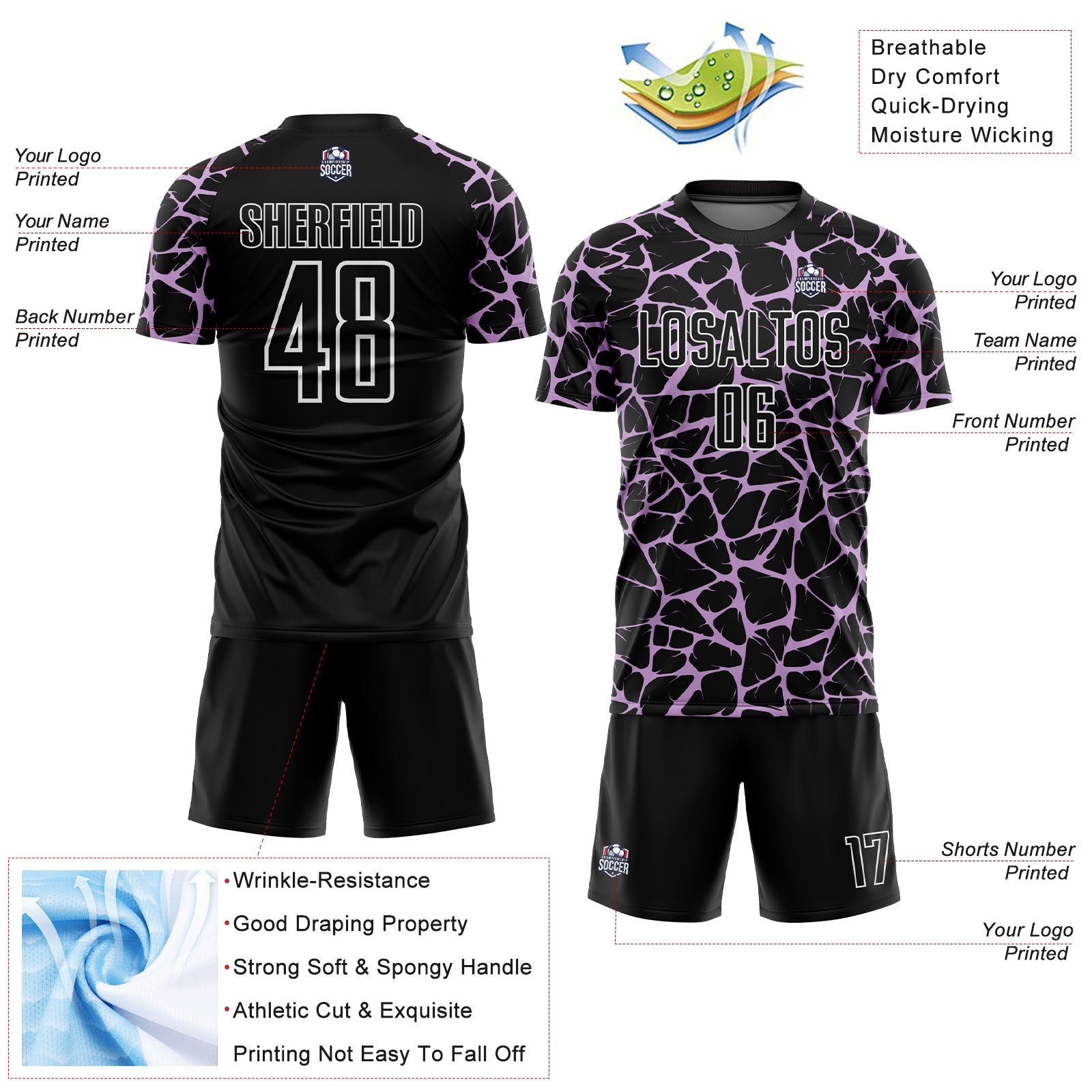 Custom Black Light Purple-White Abstract Network Splash Sublimation Soccer Uniform Jersey