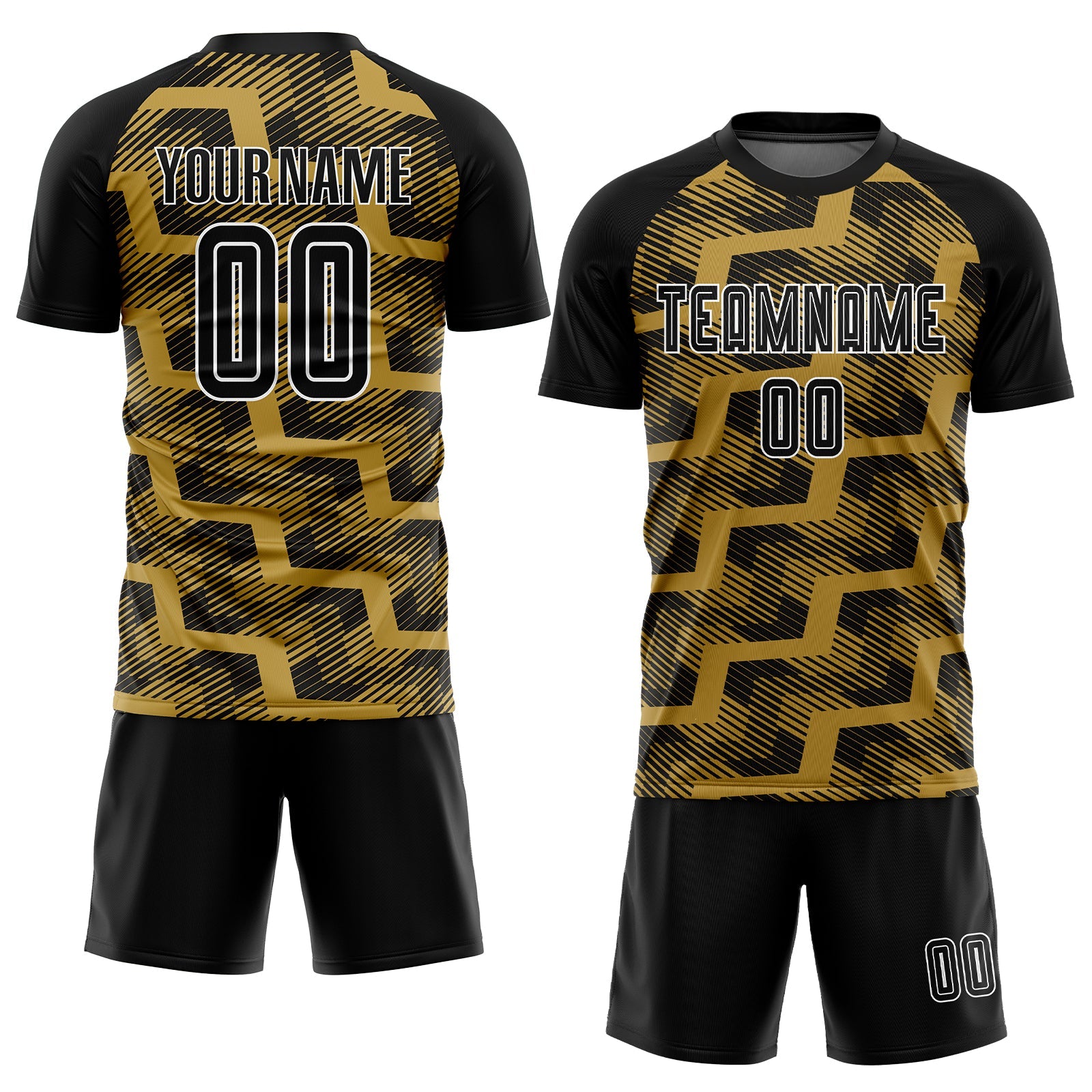 Custom Black Old Gold-White Line Sublimation Soccer Uniform Jersey