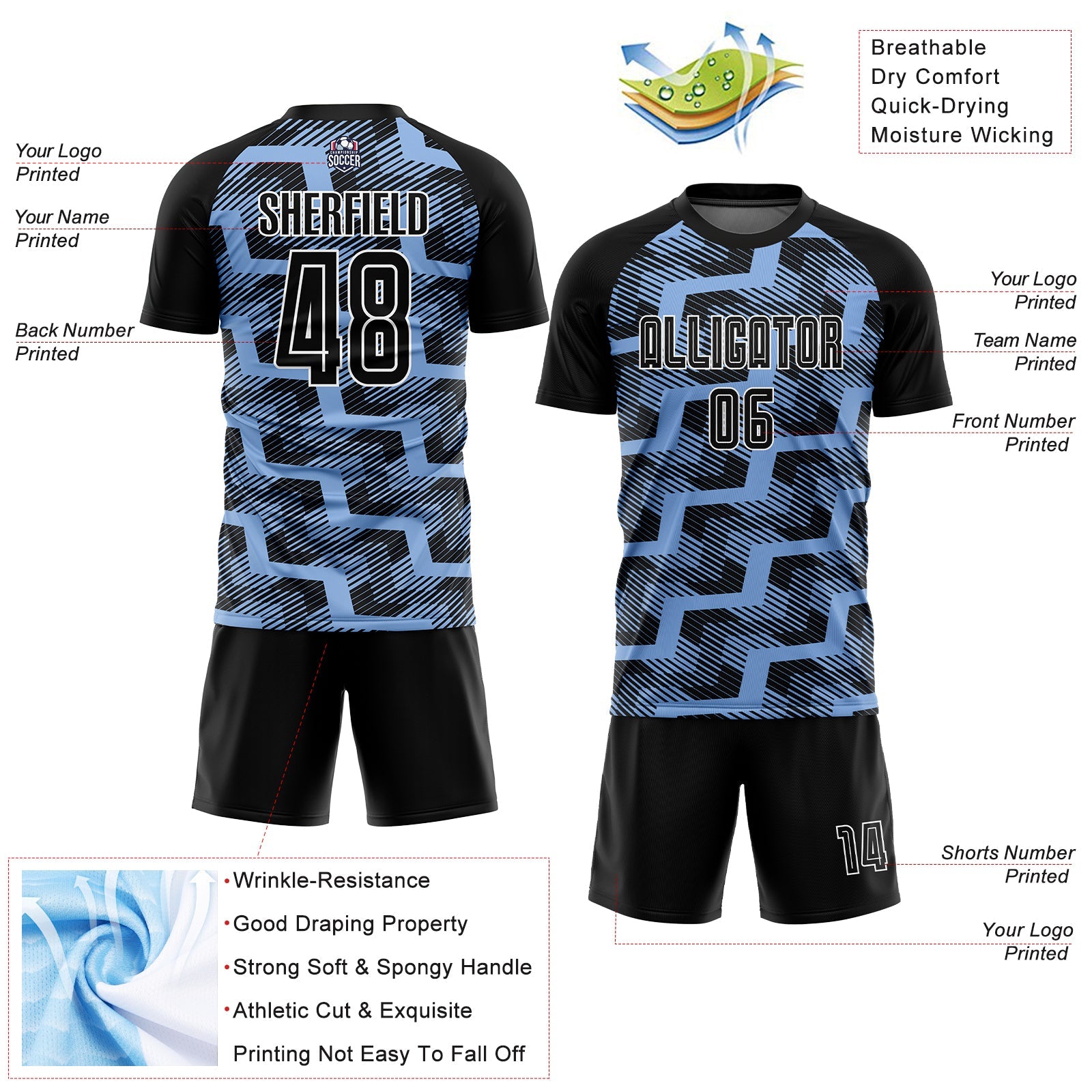 Custom Black Light Blue-White Line Sublimation Soccer Uniform Jersey