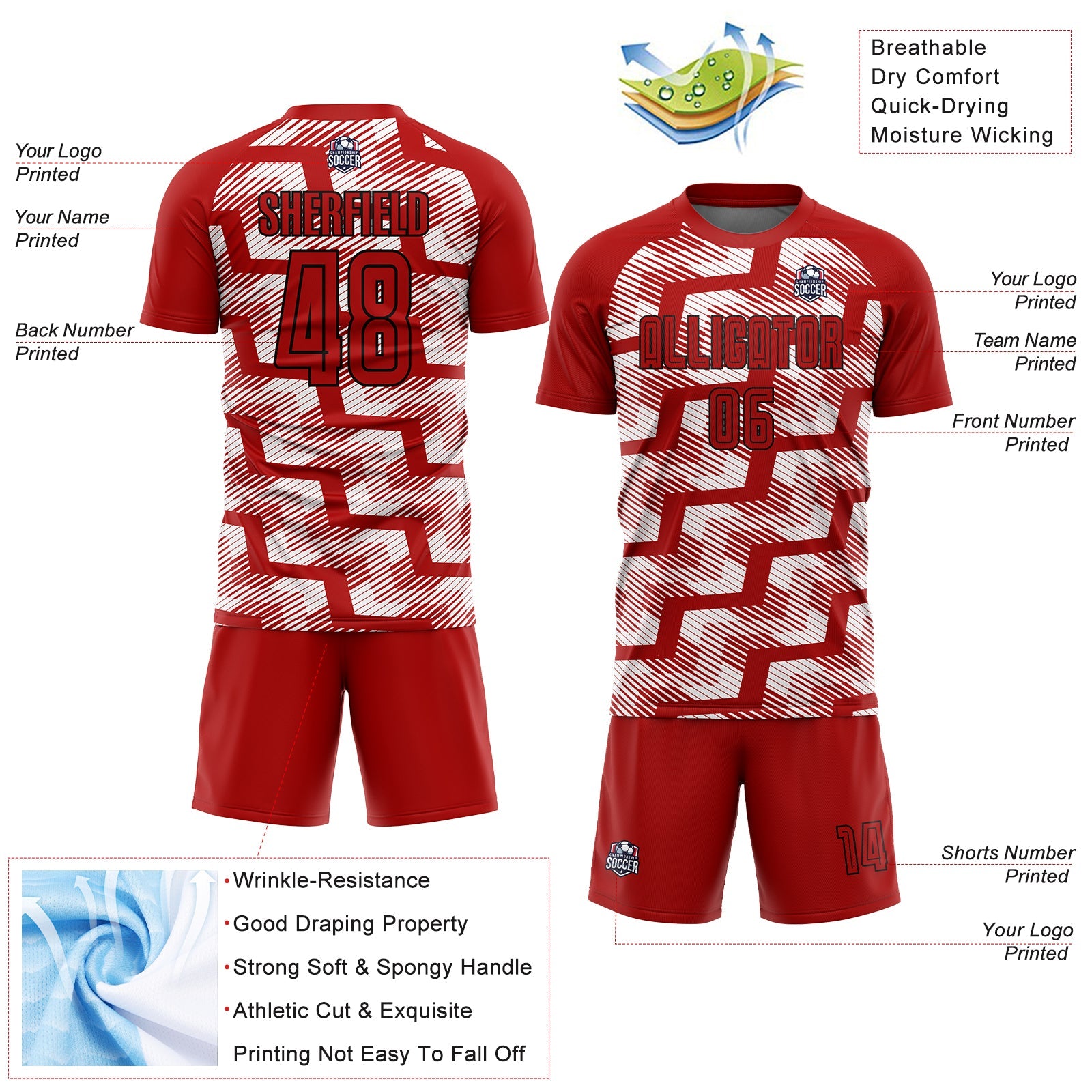 Custom Red Black-White Line Sublimation Soccer Uniform Jersey