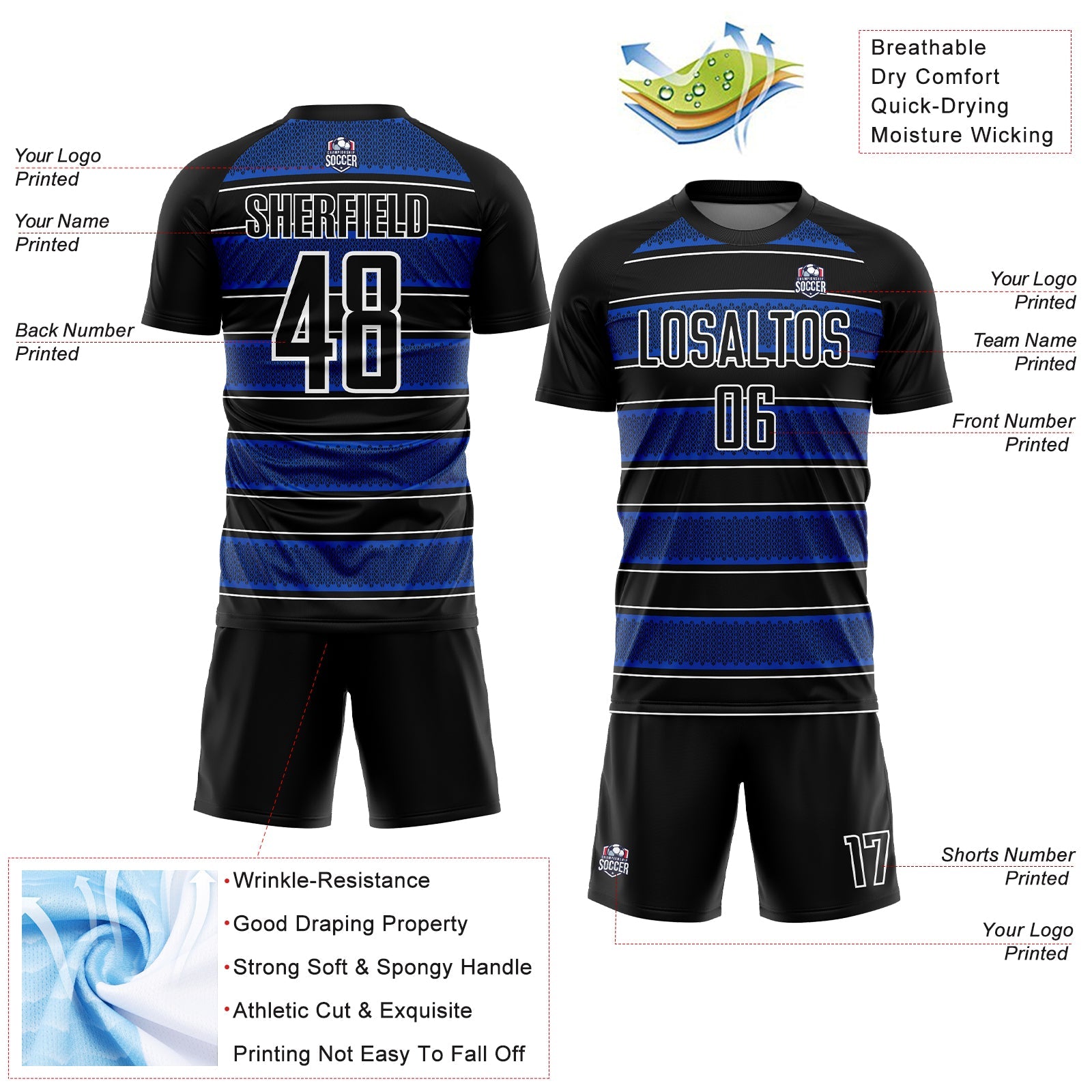 Custom Black Thunder Blue-White Geometric Shapes And Line Sublimation Soccer Uniform Jersey