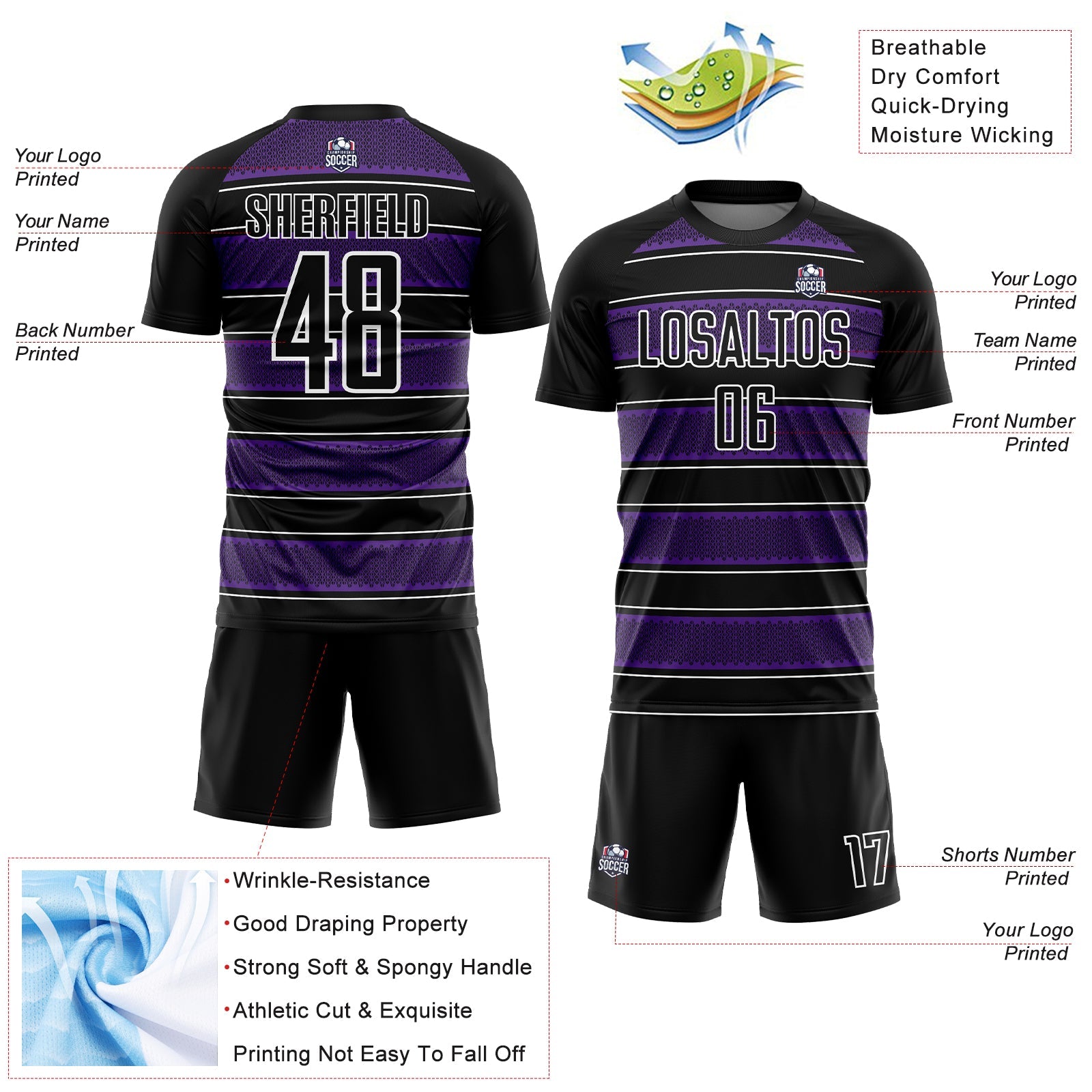 Custom Black Purple-White Geometric Shapes And Line Sublimation Soccer Uniform Jersey