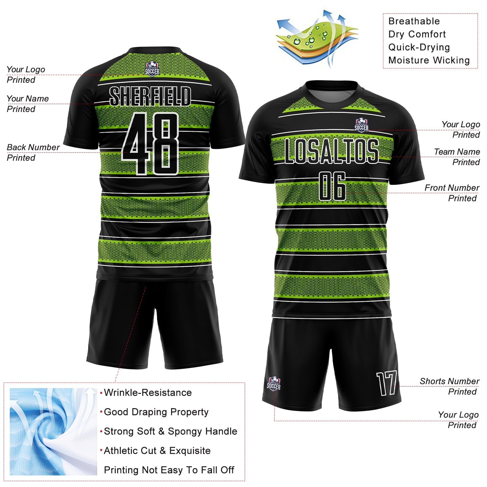 Custom Black Neon Green-White Geometric Shapes And Line Sublimation Soccer Uniform Jersey