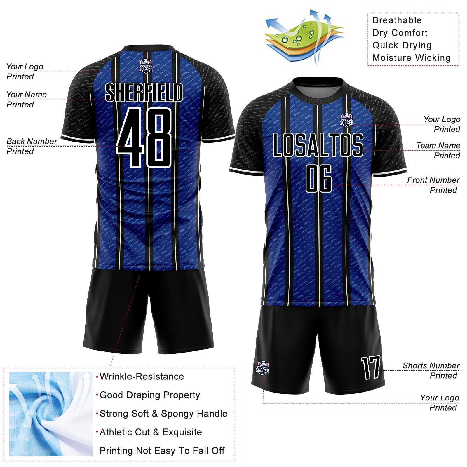 Custom Black Royal-White Line Sublimation Soccer Uniform Jersey