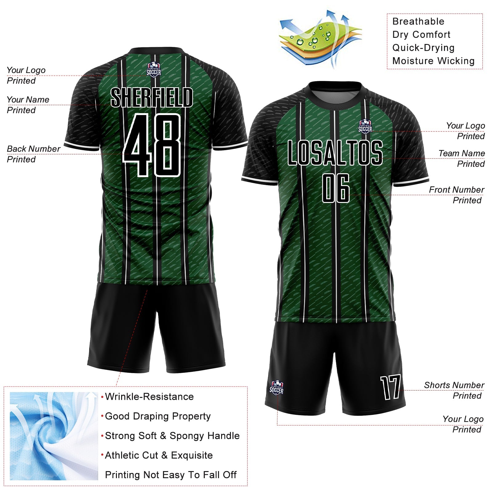 Custom Black Green-White Line Sublimation Soccer Uniform Jersey