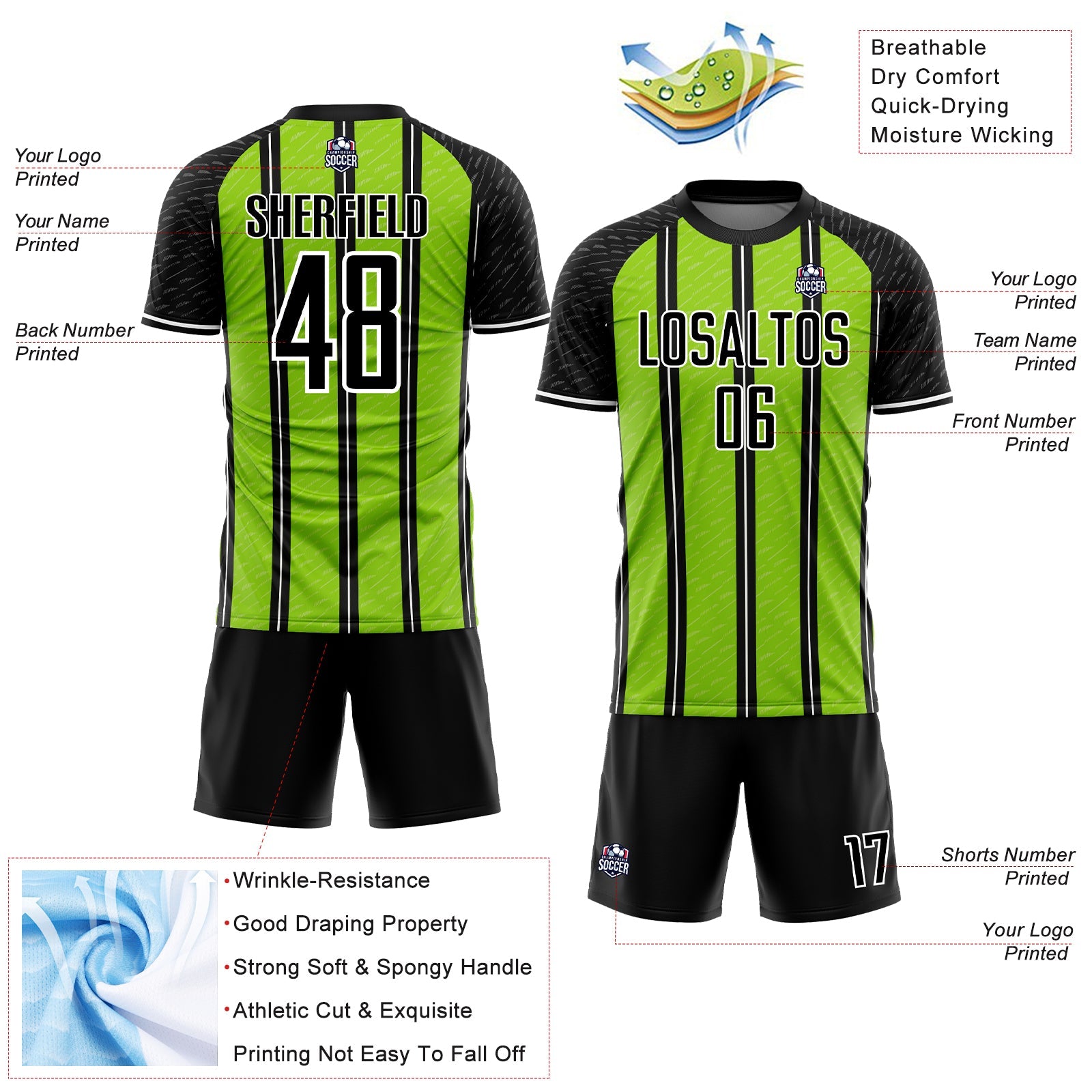 Custom Black Neon Green-White Line Sublimation Soccer Uniform Jersey