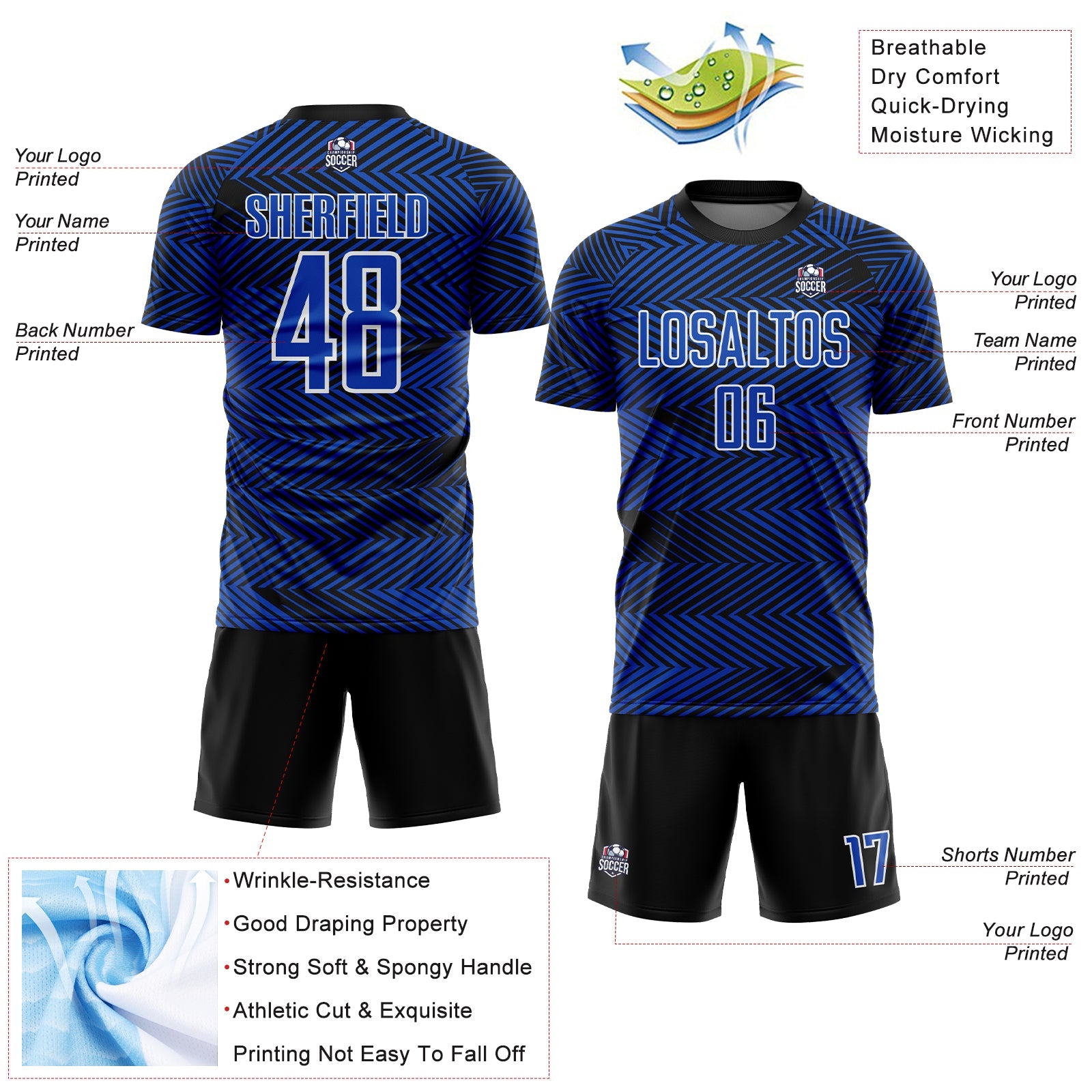 Custom Thunder Blue Black-White Line Sublimation Soccer Uniform Jersey
