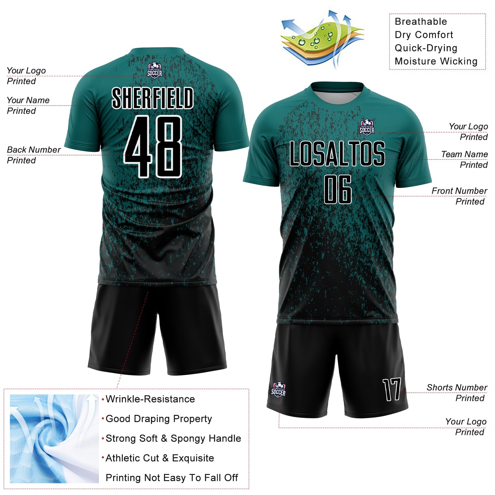 Custom Teal Black-White Abstract Fragment Art Sublimation Soccer Uniform Jersey