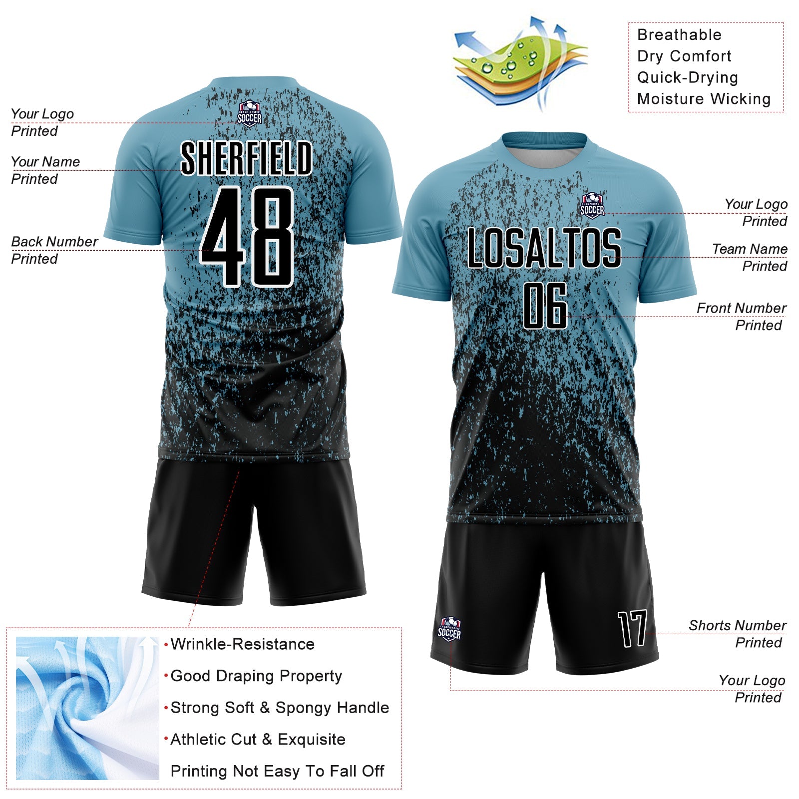 Custom Shadow Blue Black-White Abstract Fragment Art Sublimation Soccer Uniform Jersey