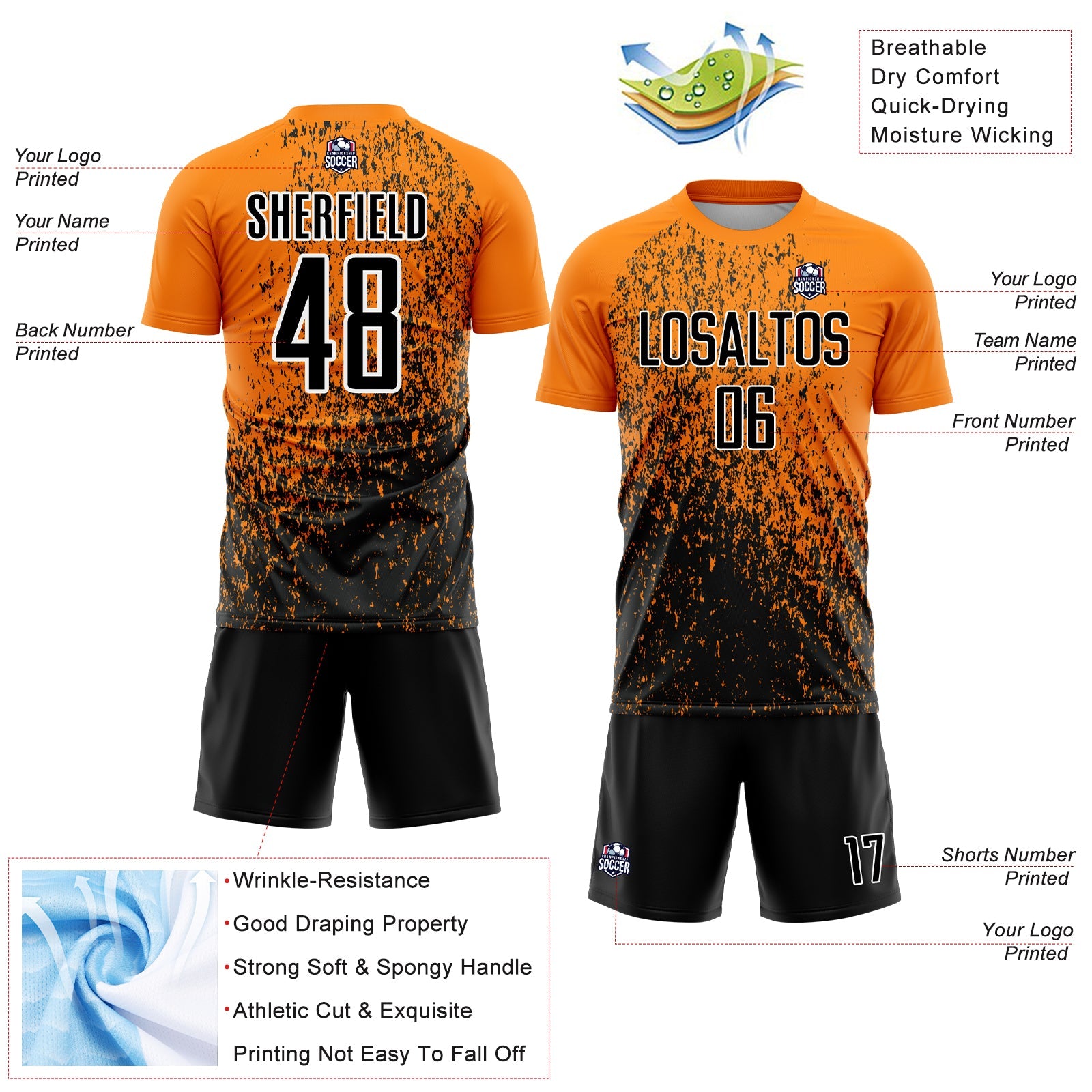Custom Bay Orange Black-White Abstract Fragment Art Sublimation Soccer Uniform Jersey