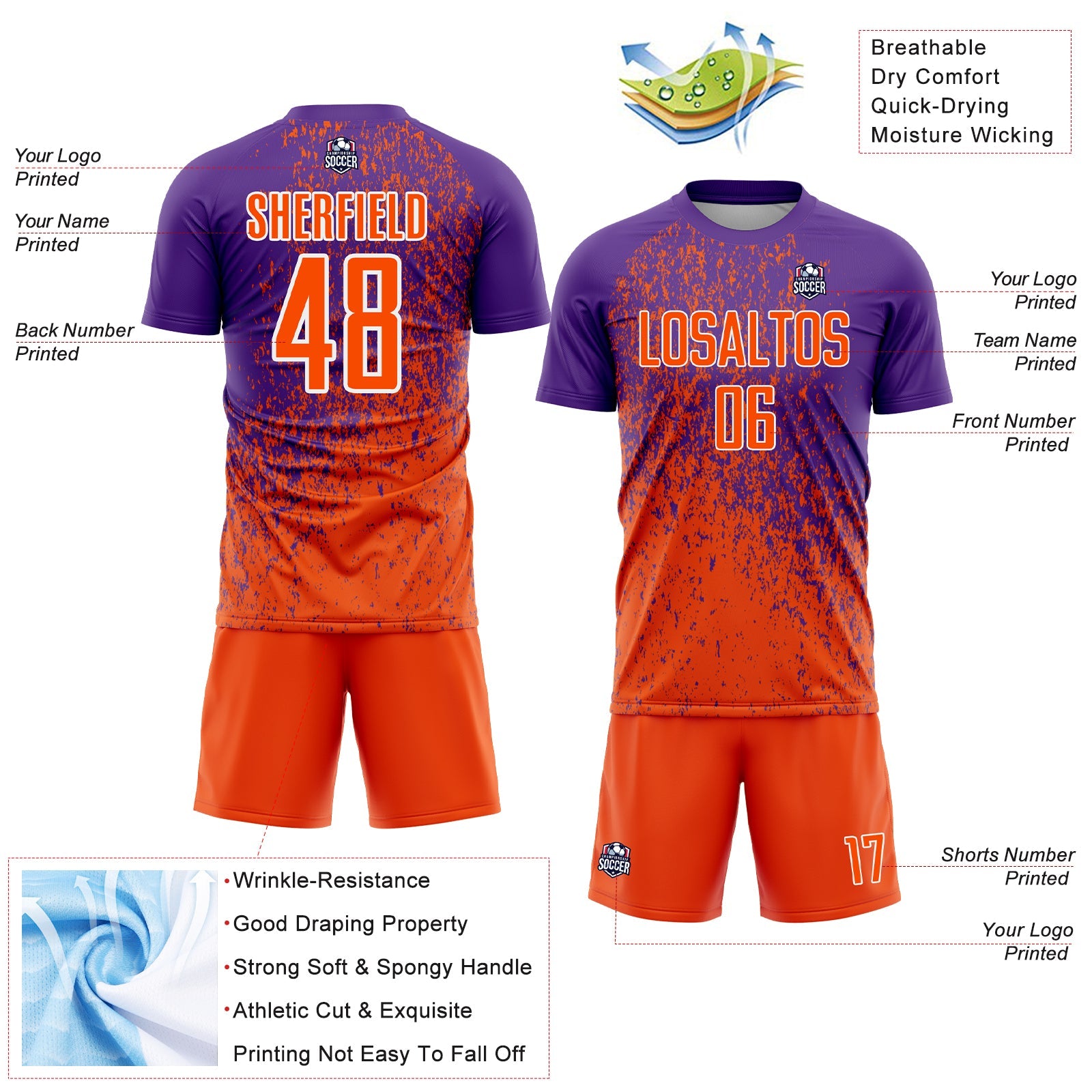 Custom Purple Orange-White Abstract Fragment Art Sublimation Soccer Uniform Jersey