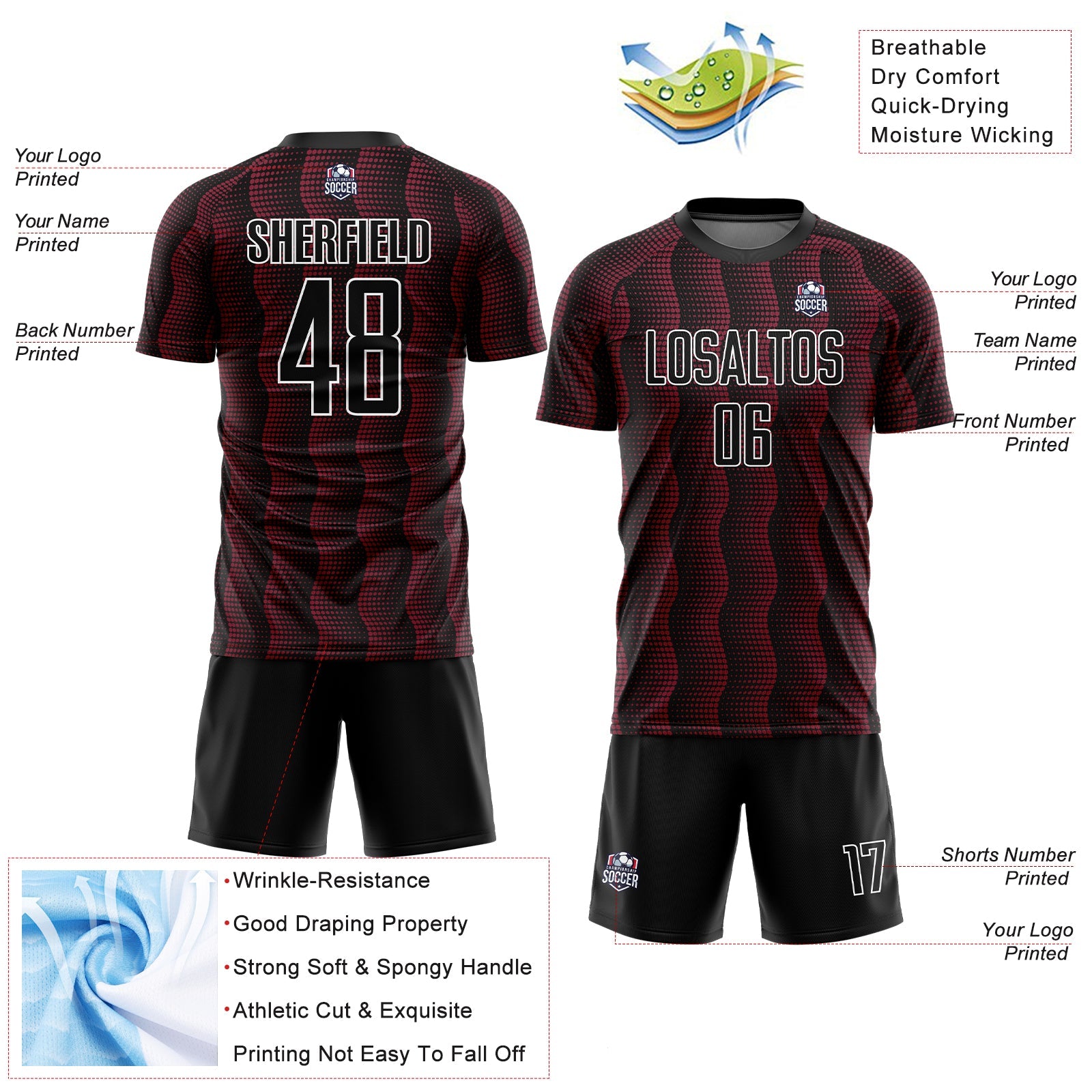 Custom Black Crimson-White Geometric Shape Sublimation Soccer Uniform Jersey