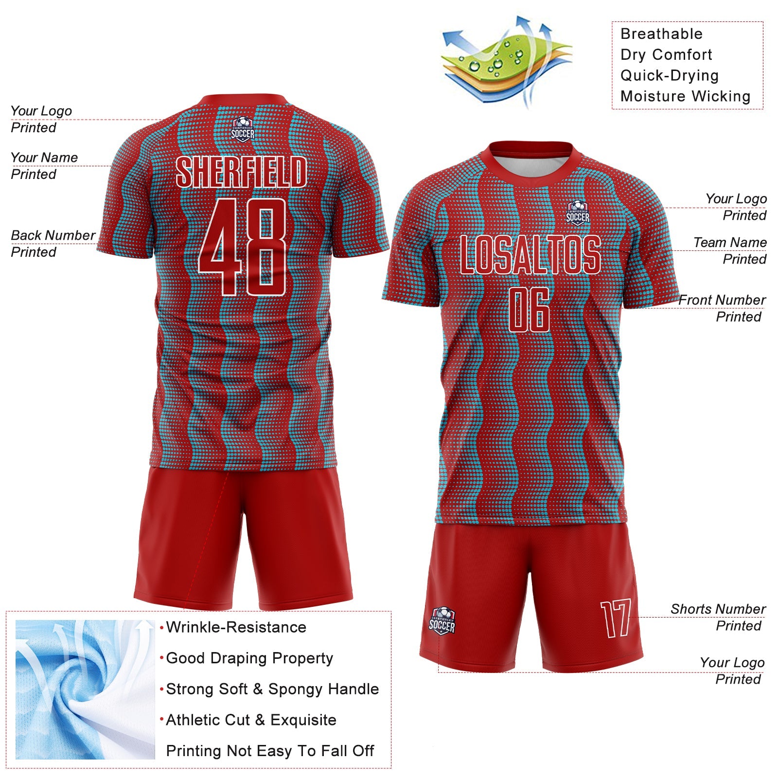 Custom Red Lakes Blue-White Geometric Shape Sublimation Soccer Uniform Jersey