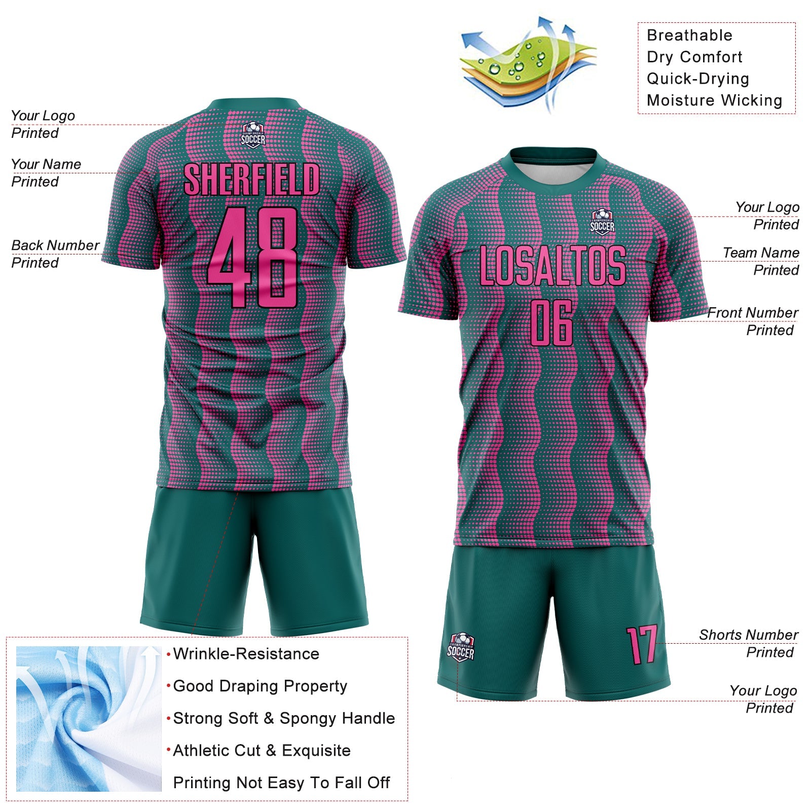 Custom Teal Pink-Black Geometric Shape Sublimation Soccer Uniform Jersey