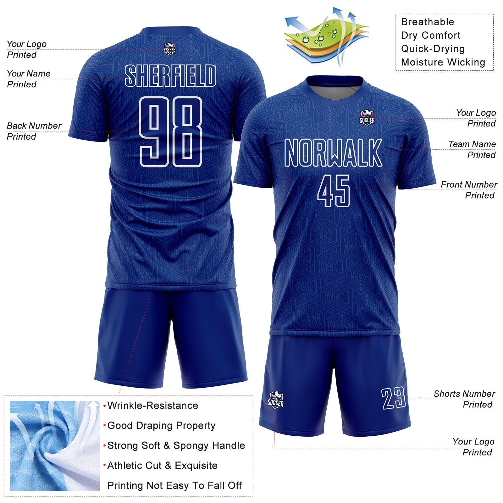 Custom Royal White Geometric Shape Sublimation Soccer Uniform Jersey