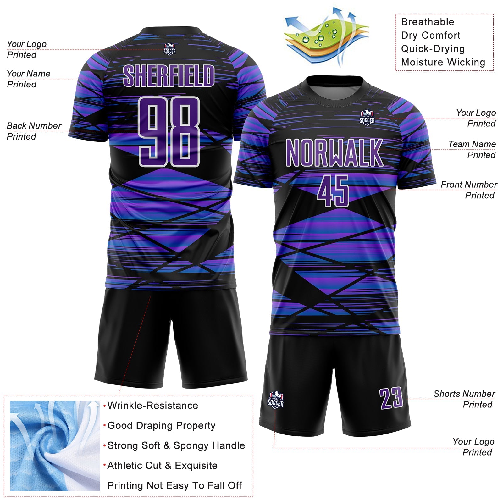 Custom Black Purple-White Line Sublimation Soccer Uniform Jersey