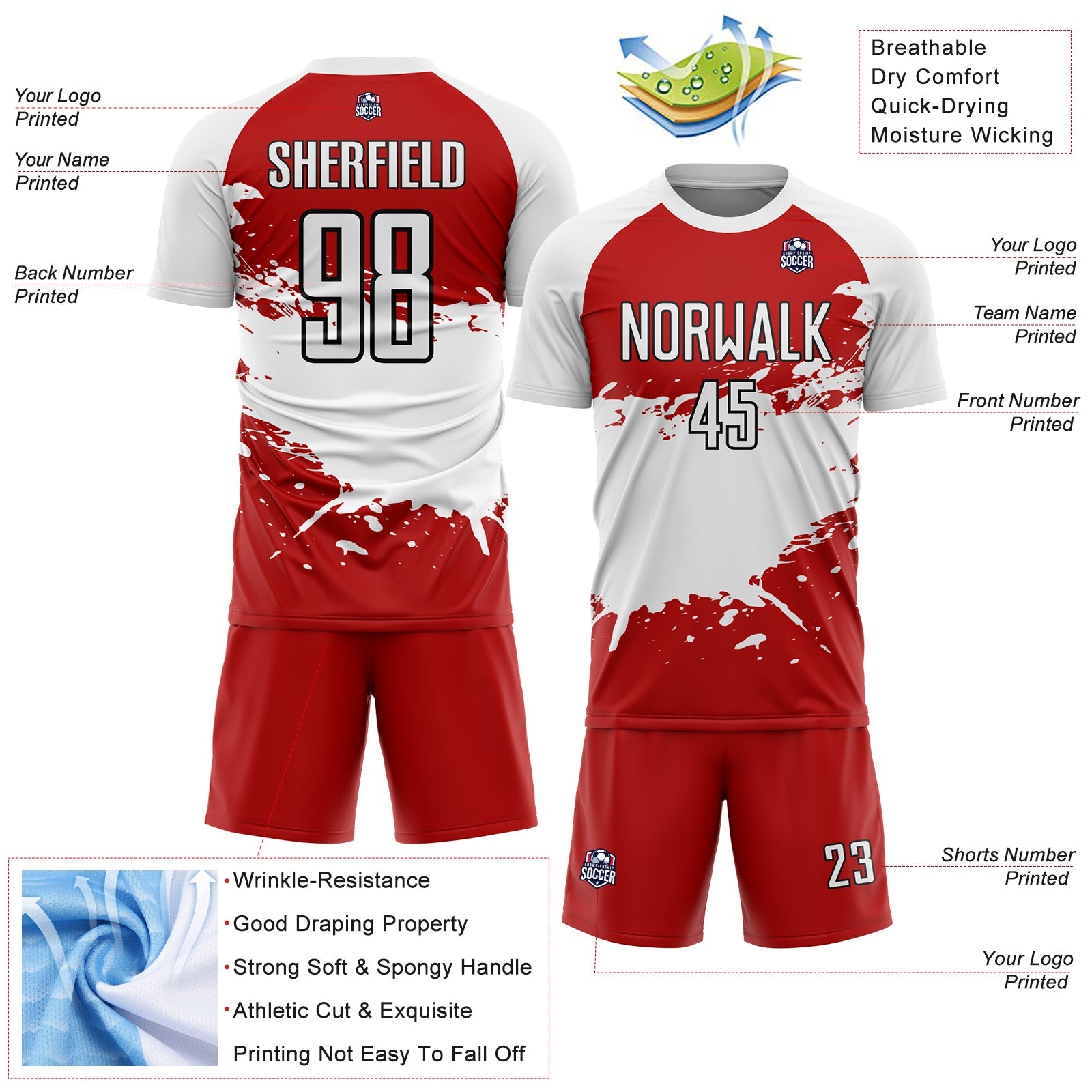 Custom Red White-Black Splash Sublimation Soccer Uniform Jersey