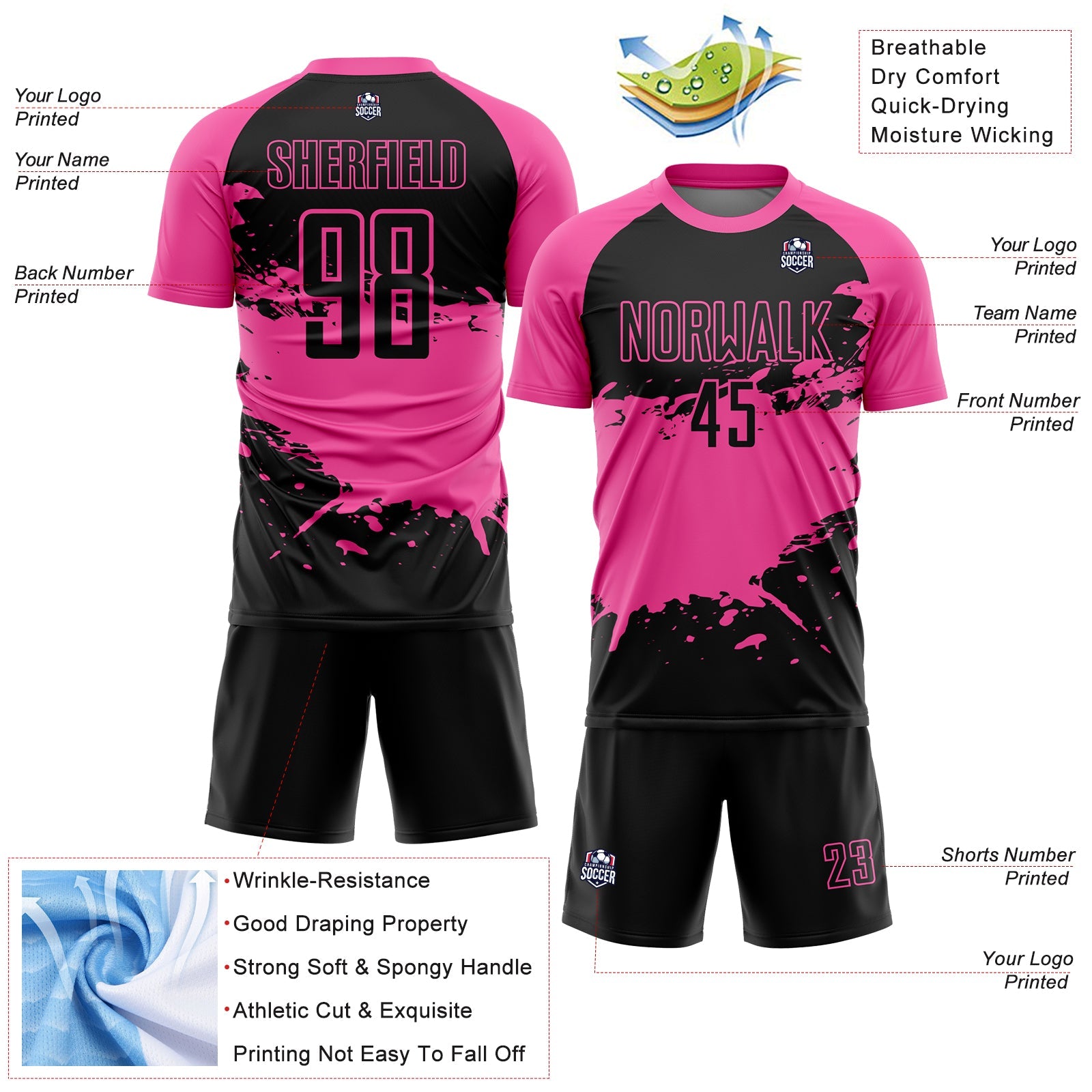 Custom Black Pink-White Splash Sublimation Soccer Uniform Jersey