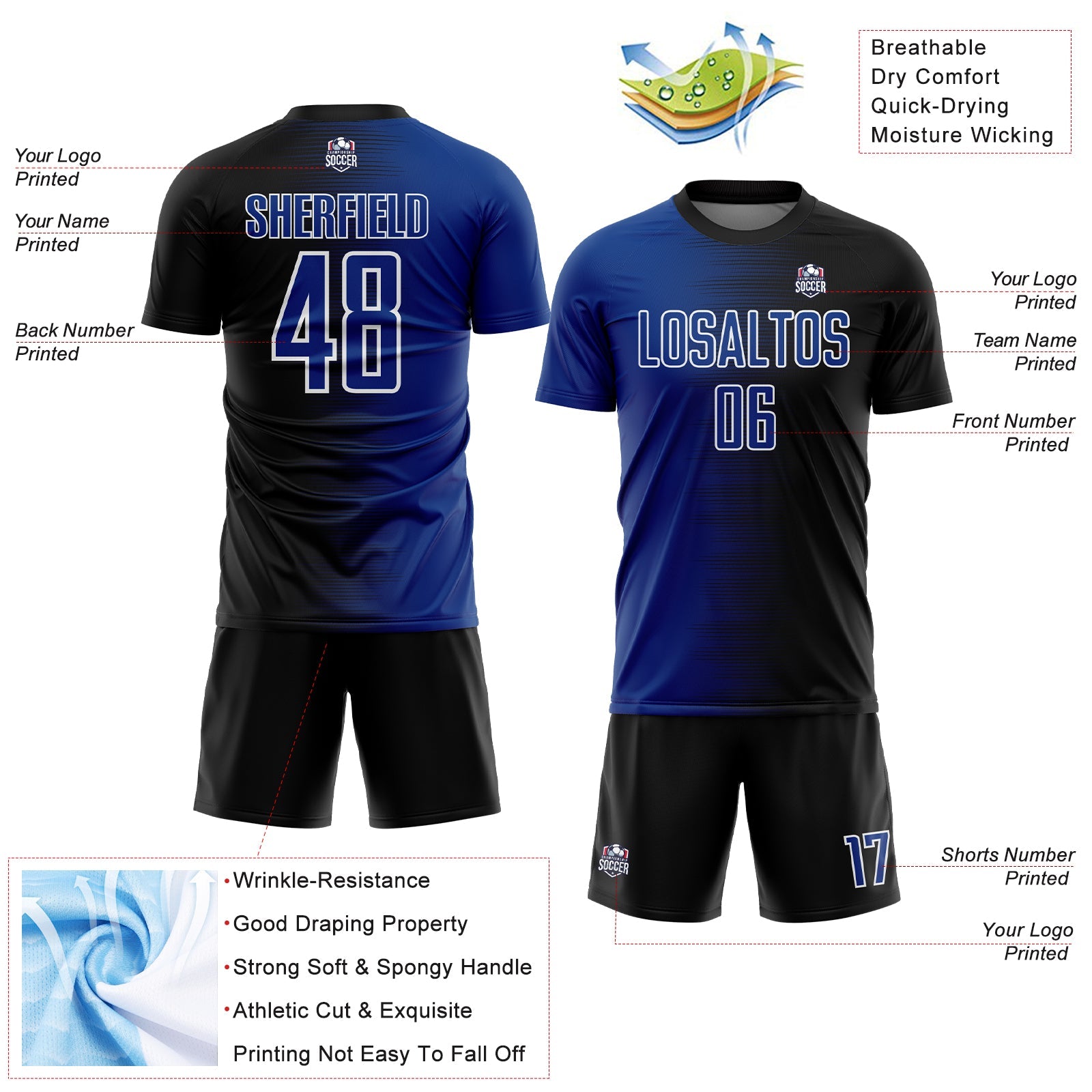 Custom Black Royal-White Gradient Line Sublimation Soccer Uniform Jersey