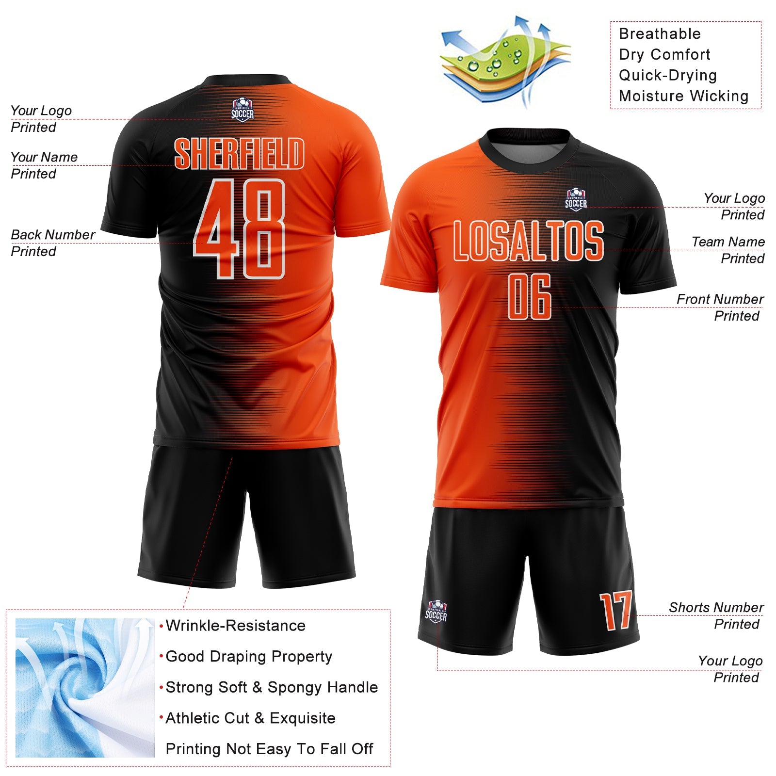 Custom Black Orange-White Gradient Line Sublimation Soccer Uniform Jersey