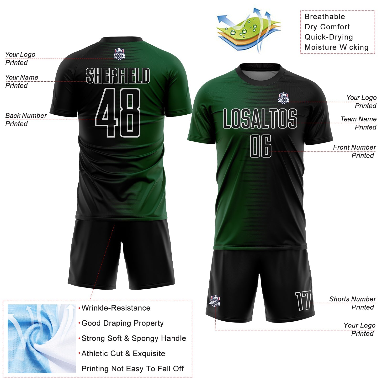 Custom Black Green-White Gradient Line Sublimation Soccer Uniform Jersey