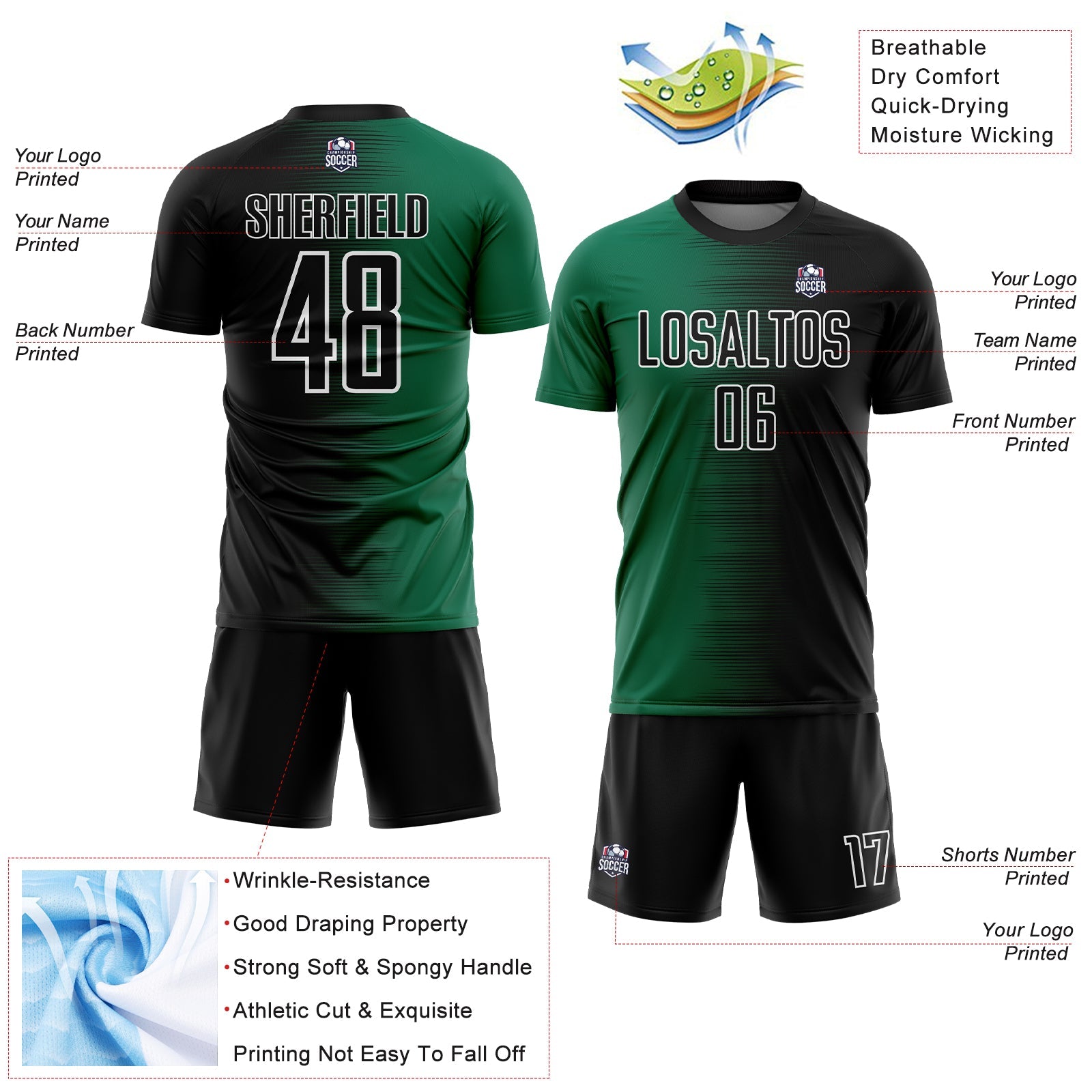 Custom Black Kelly Green-White Gradient Line Sublimation Soccer Uniform Jersey
