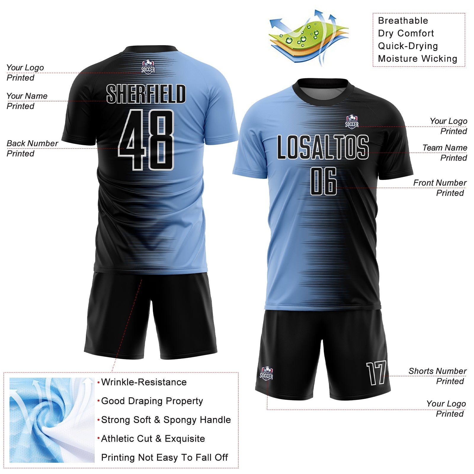 Custom Black Light Blue-White Gradient Line Sublimation Soccer Uniform Jersey