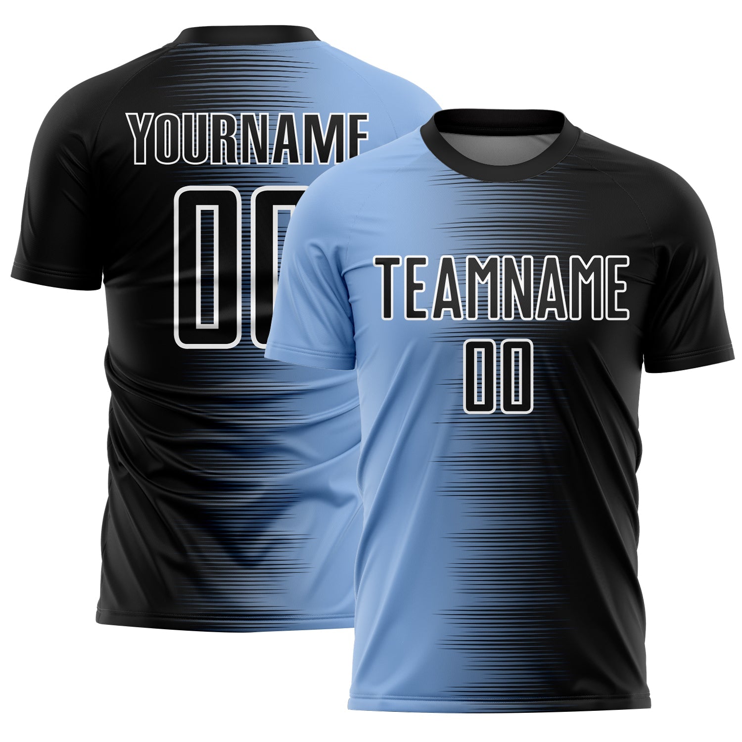 Custom Black Light Blue-White Gradient Line Sublimation Soccer Uniform Jersey