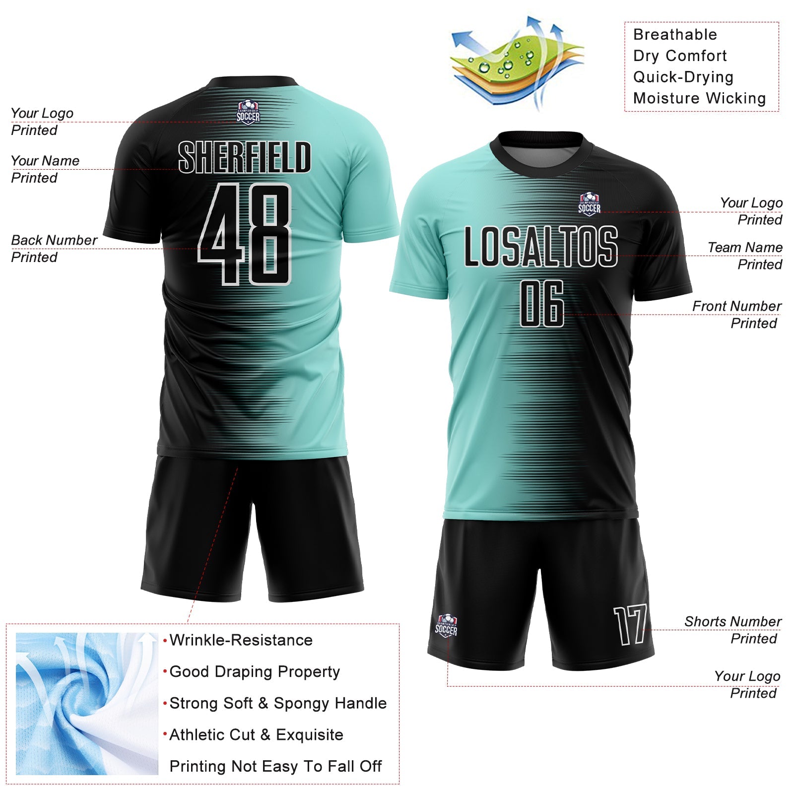 Custom Black Ice Blue-White Gradient Line Sublimation Soccer Uniform Jersey