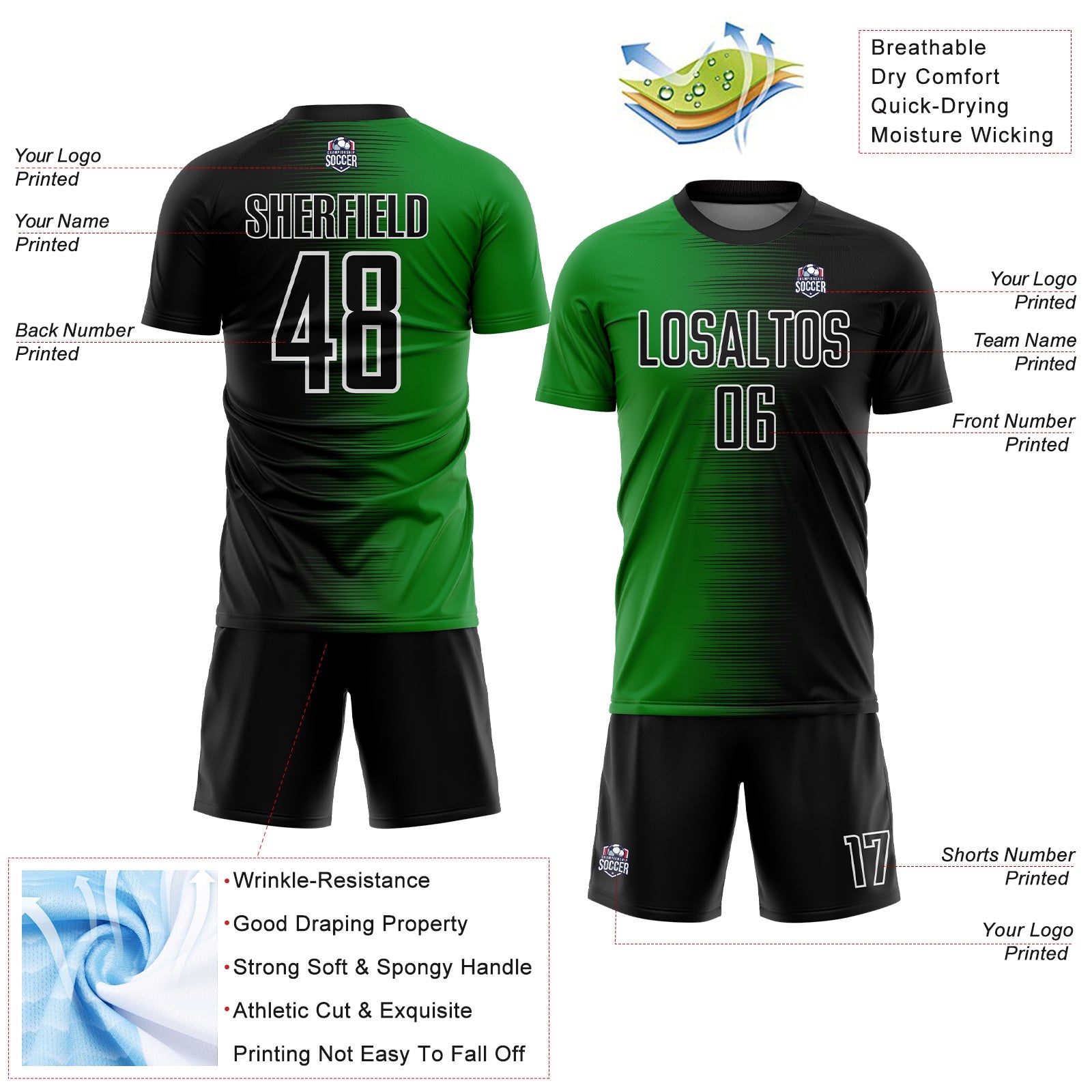 Custom Black Grass Green-White Gradient Line Sublimation Soccer Uniform Jersey