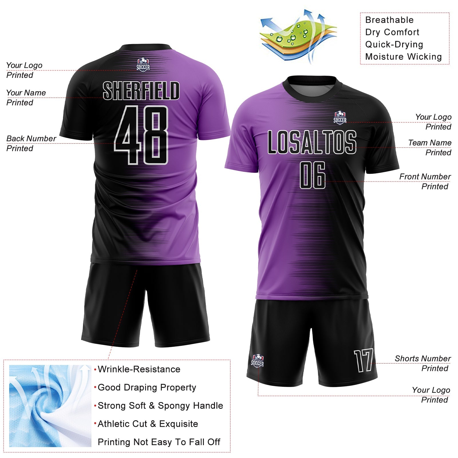 Custom Black Medium Purple-White Gradient Line Sublimation Soccer Uniform Jersey