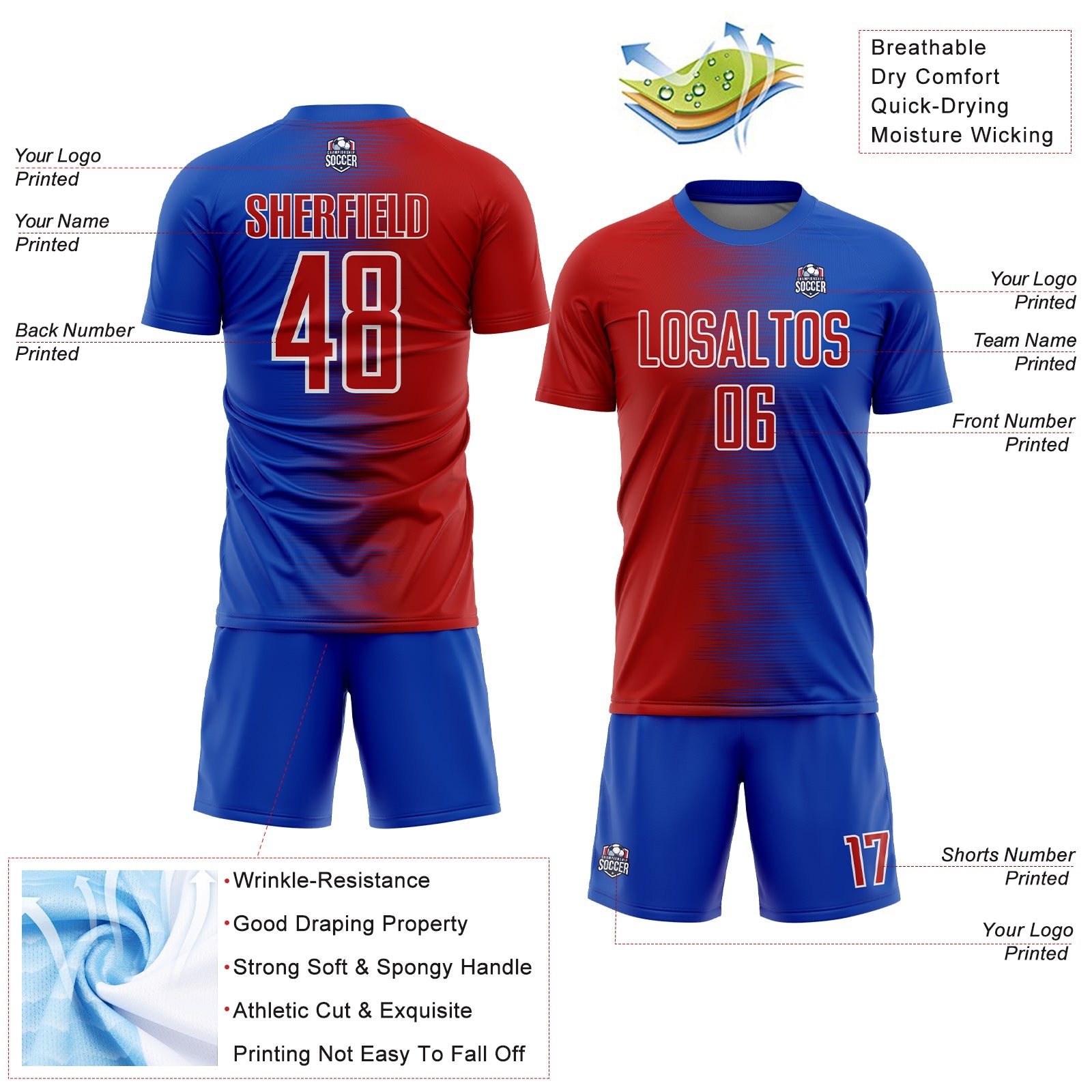 Custom Thunder Blue Red-White Gradient Line Sublimation Soccer Uniform Jersey