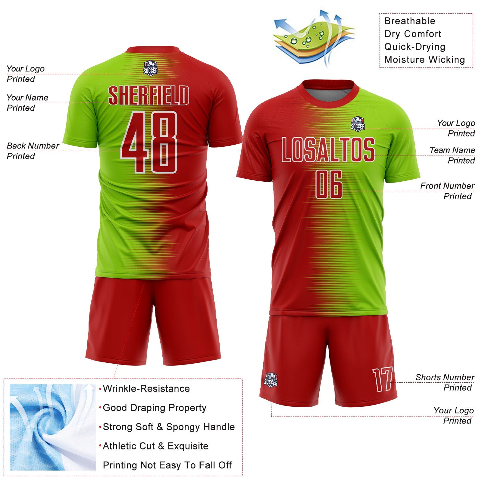 Custom Red Neon Green-White Gradient Line Sublimation Soccer Uniform Jersey