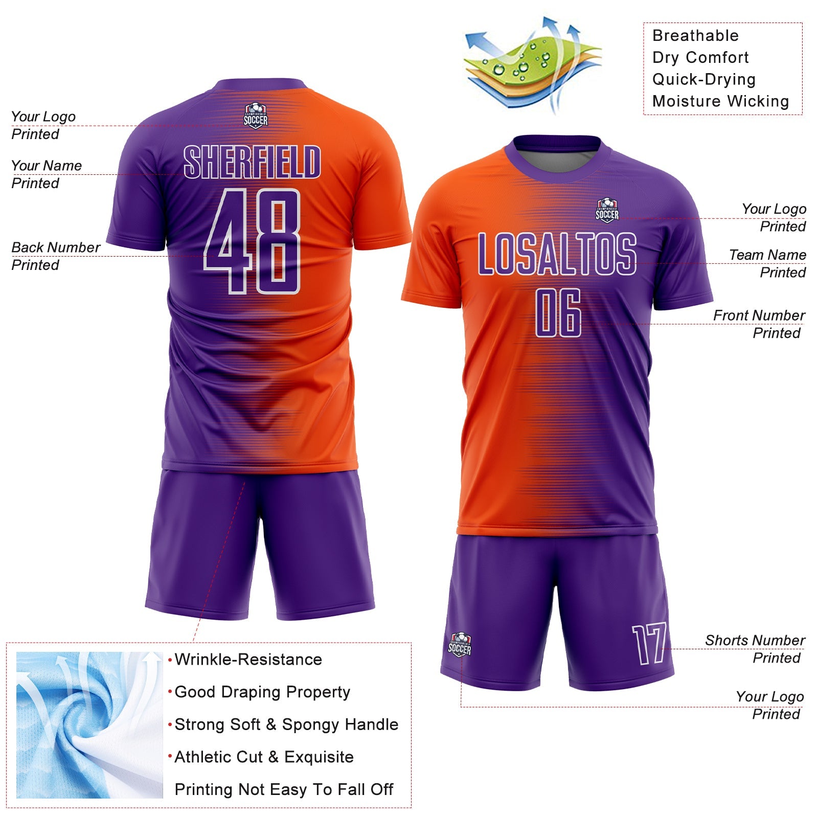 Custom Purple Orange-White Gradient Line Sublimation Soccer Uniform Jersey