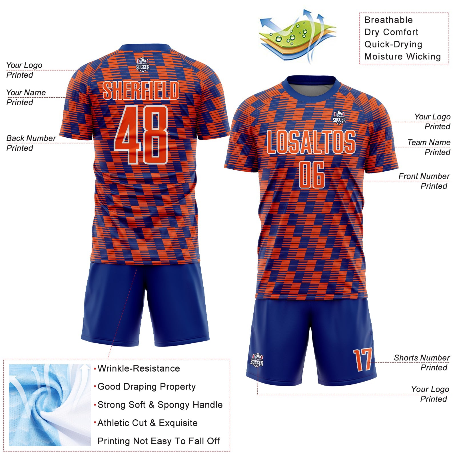 Custom Royal Orange-White Line Sublimation Soccer Uniform Jersey