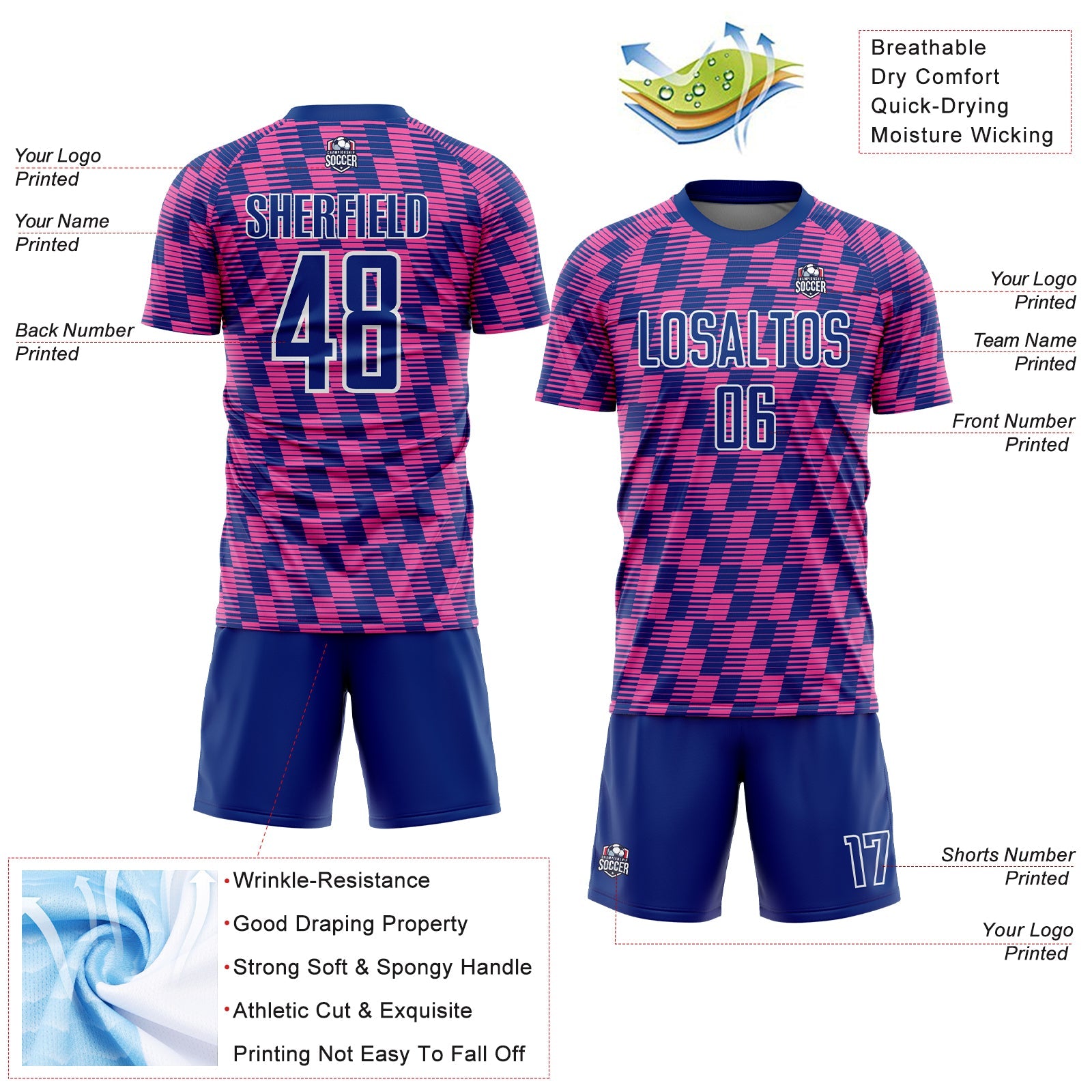 Custom Royal Pink-White Line Sublimation Soccer Uniform Jersey