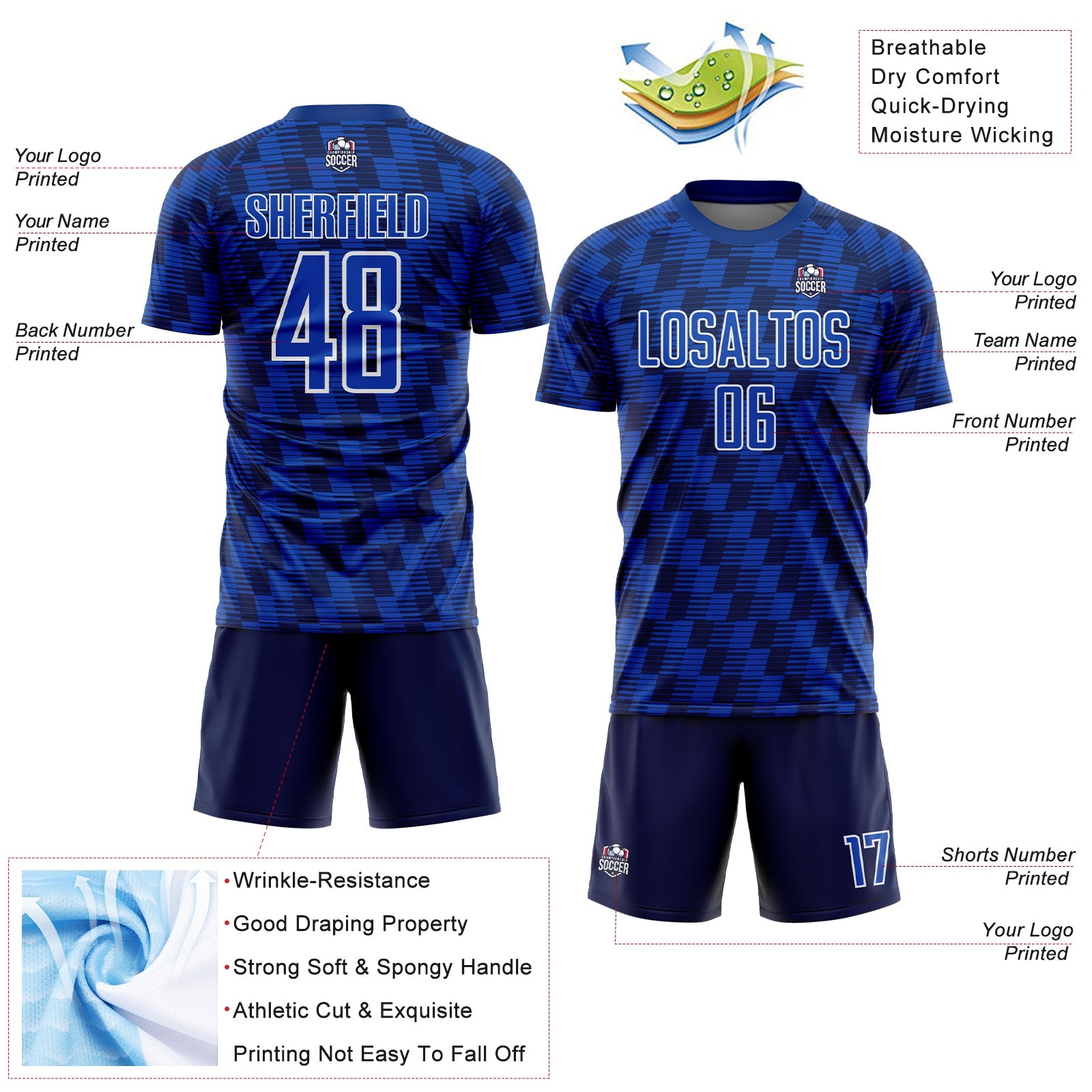Custom Navy Thunder Blue-White Line Sublimation Soccer Uniform Jersey