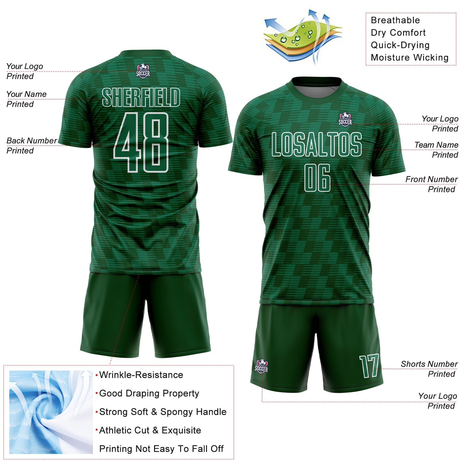 Custom Kelly Green Green-White Line Sublimation Soccer Uniform Jersey