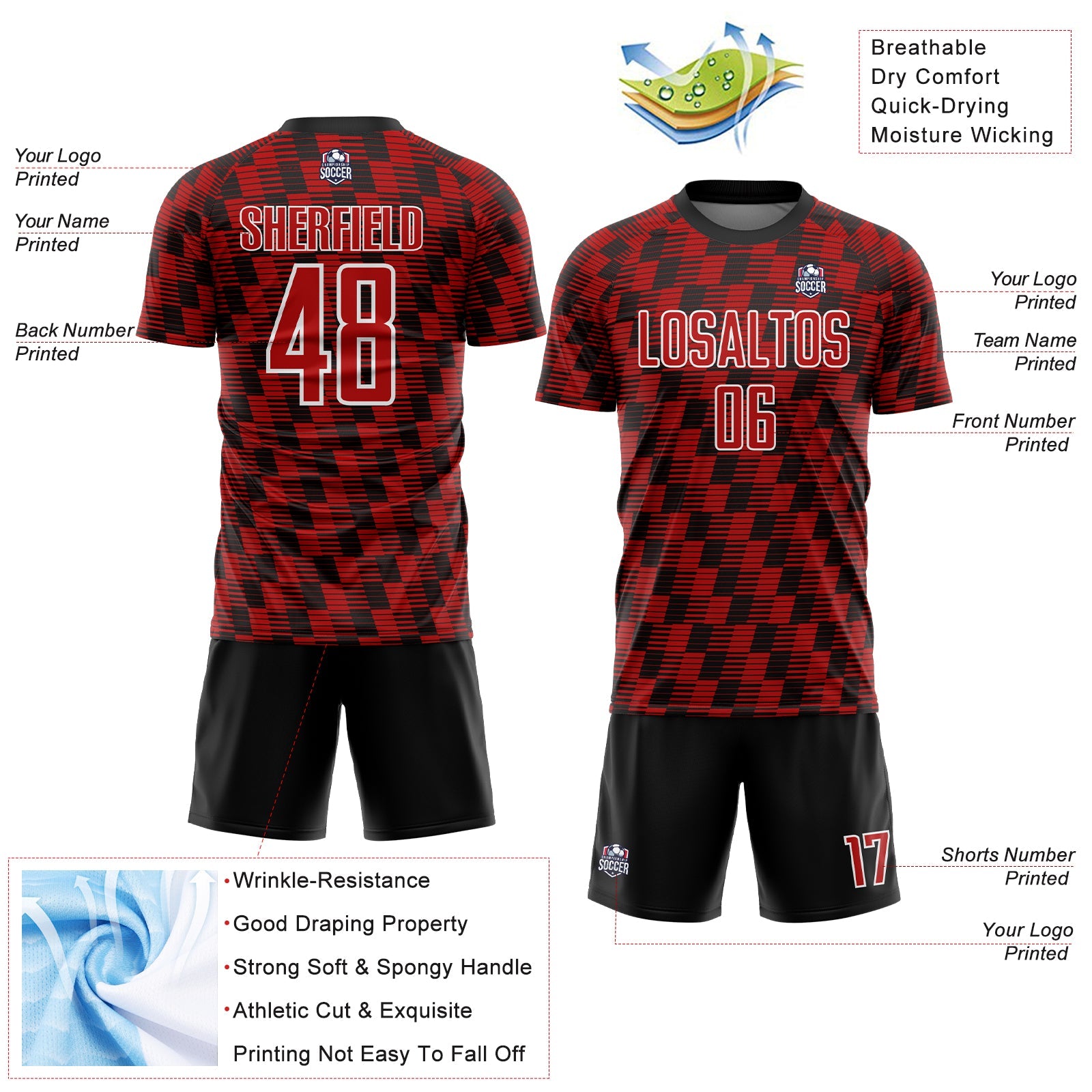 Custom Black Red-White Line Sublimation Soccer Uniform Jersey